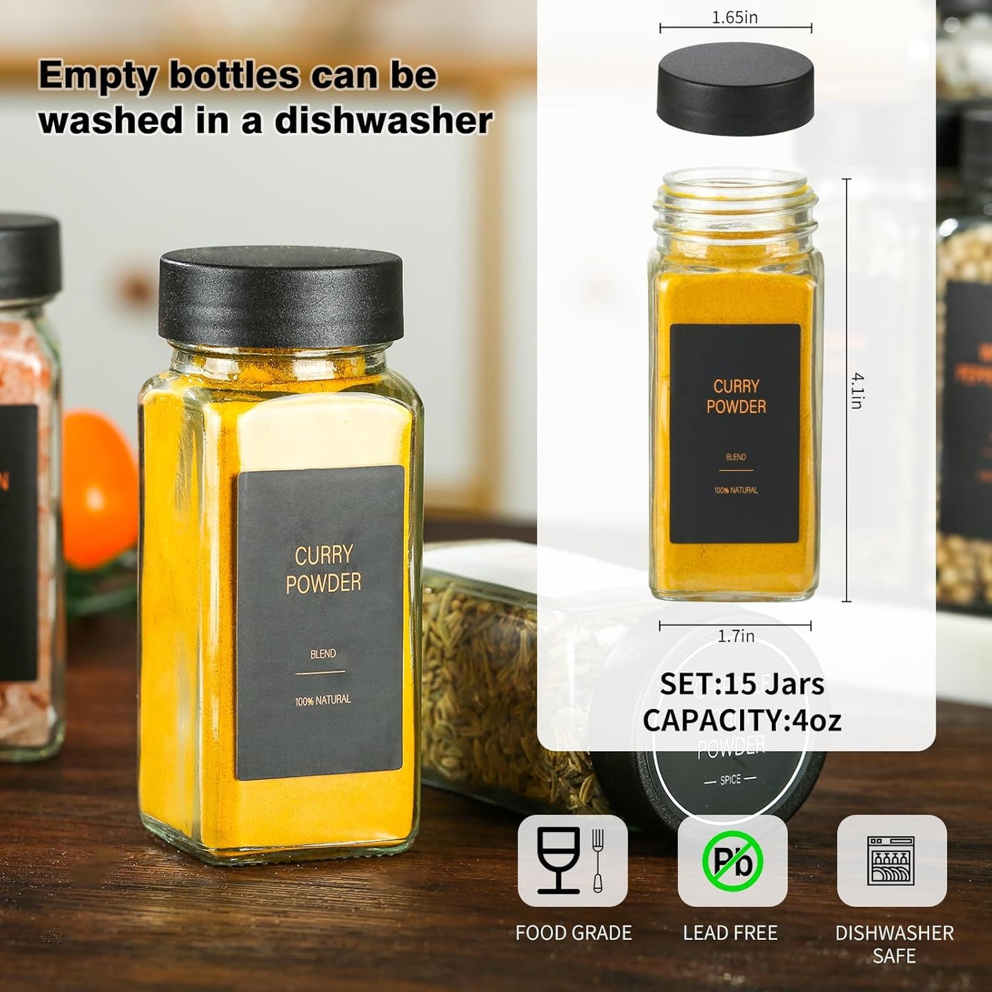 Spice Jars with Label，4oz Glass Spice Bottles With Shaker Lids，Seasoning Containers with Funnel, Chalk Pen for Cabinet，Drawer，Rack (Black, 48)