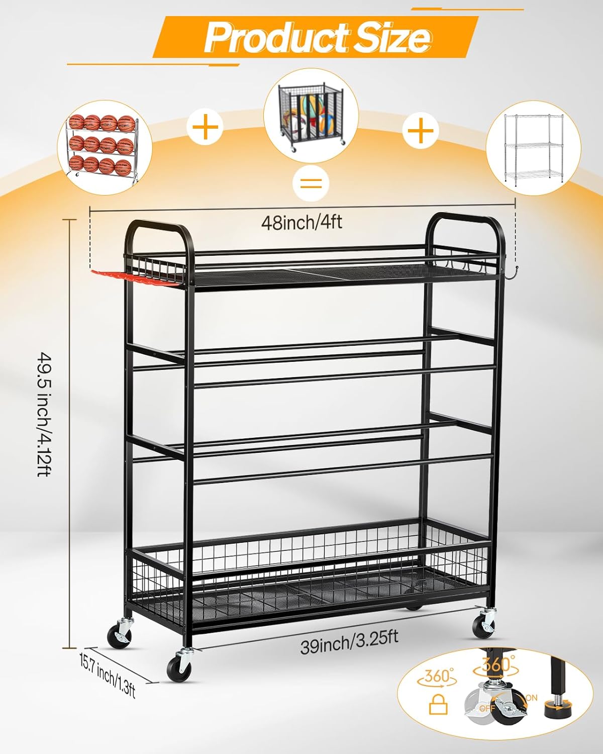 Garage Sports Equipment Organizer - Rolling Ball Storage Bin with Wheels, Garage Sports Gear Rack Outdoor Basketball Racks for Balls with Baseball Bat Holder and Hooks, Toy Organizer