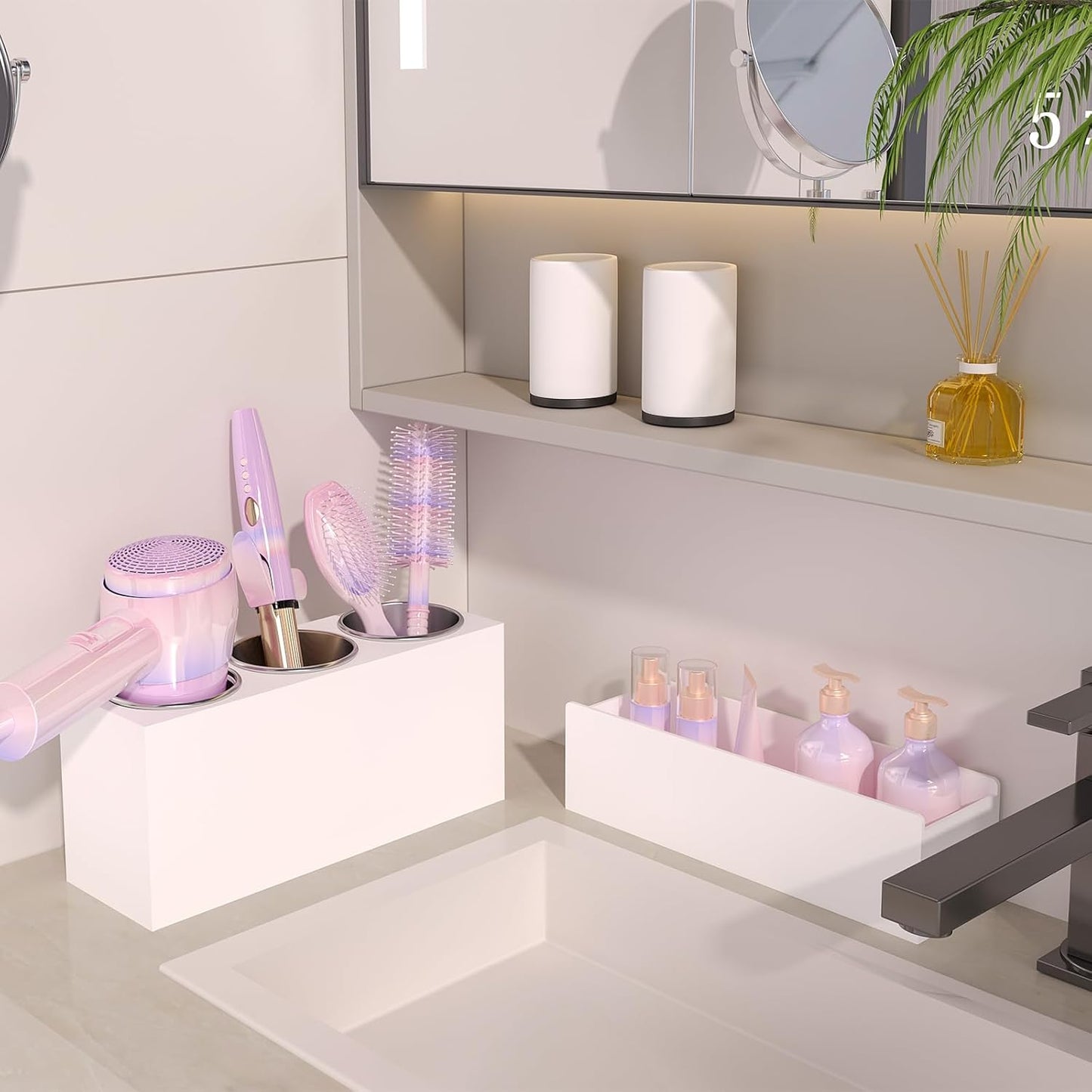Hair Tool Organizer, Detachable Acrylic Hair Dryer Holder for Bathroom, Hair Styling Accessories Curling Iron Hot Tools Organizer with 3 Cups, Countertop Vanity Storage (Matte White)