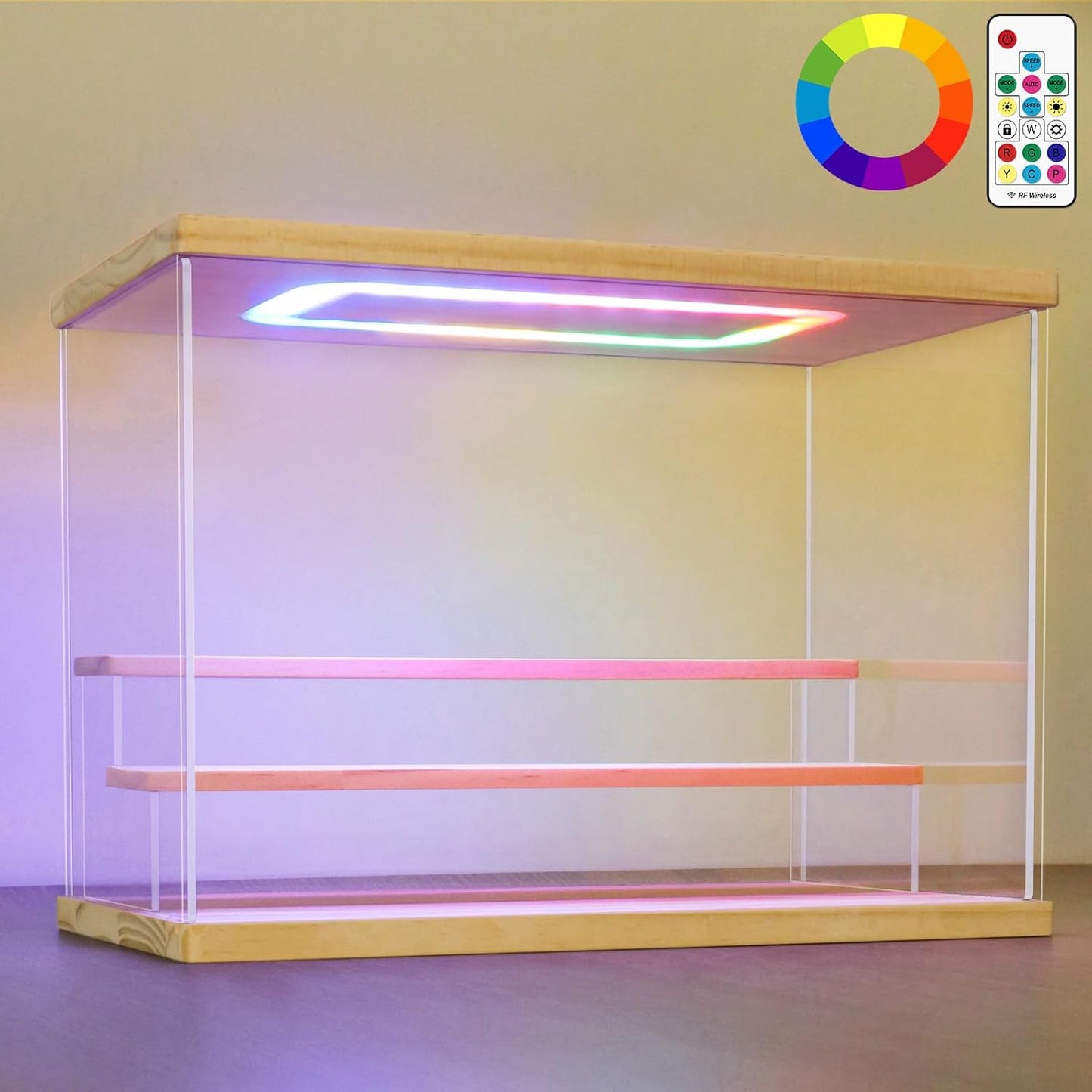 NONEMEY Clear Acrylic Display Case with Light ,3/4/5/6 Tier Multiple Color Lights via Remote Control Dustproof Display Box for Collectibles Figures Mini Toys (3Tier 12.4*7*9inch)