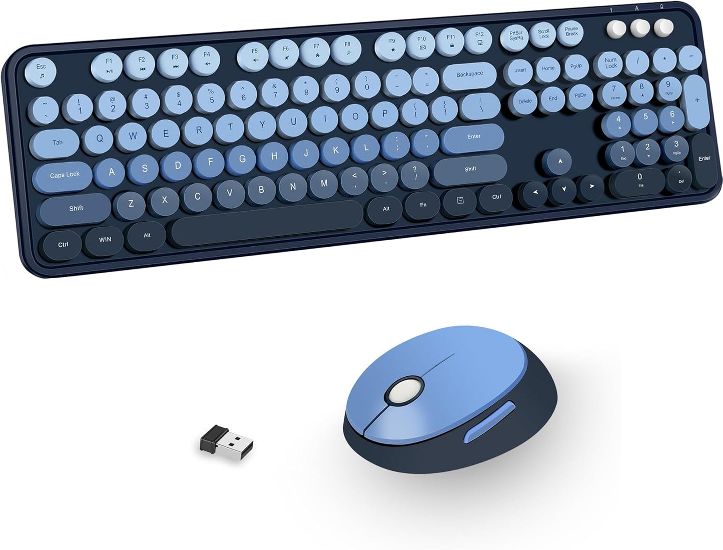 Wireless Keyboard and Mice Combo,Retro Round Keys Full-Sized Cute Keyboard, 2.4Ghz Dropout-Free Connection and Optical Mouse for Windows, Mac, PC, Laptop, Desktop (Blue-Colorful)