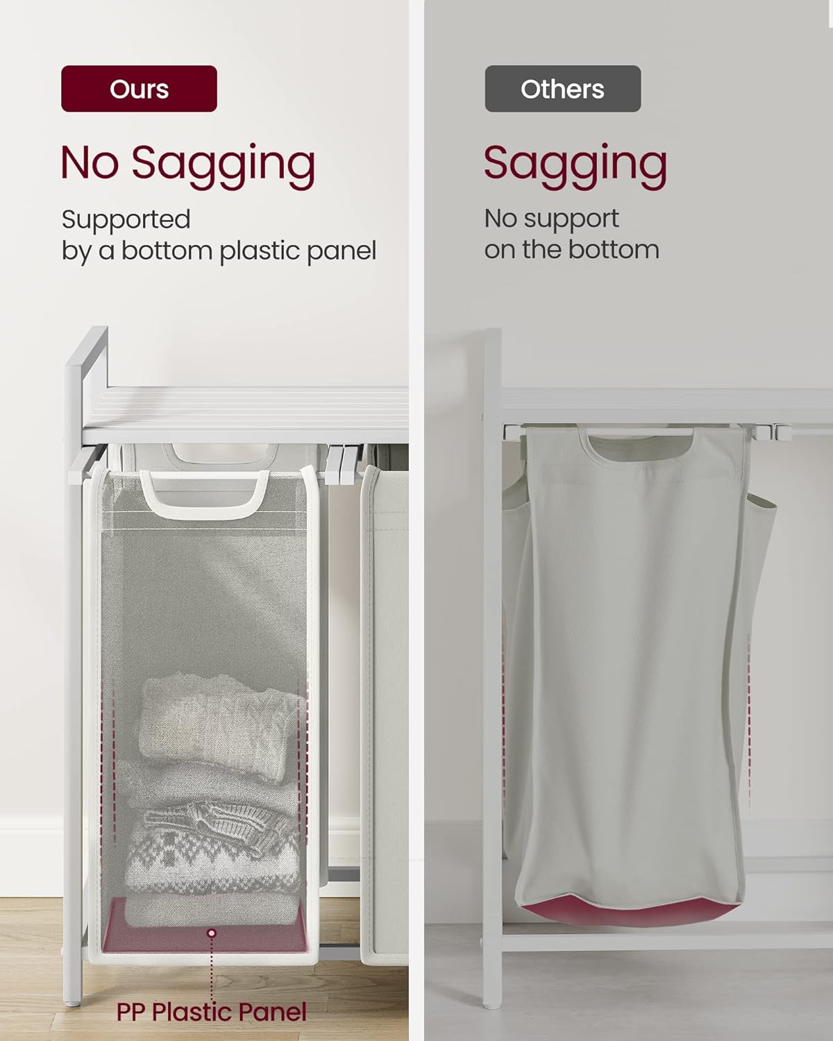 VASAGLE Laundry Hamper, Laundry Basket, Laundry Sorter with 3 Pull-Out and Removable Bags, Shelf, Metal Frame, 3 x 10.6 Gallons (40 L), 36.4 x 13 x 28.4 Inches, Cream White and Cloud White UBLH301W01