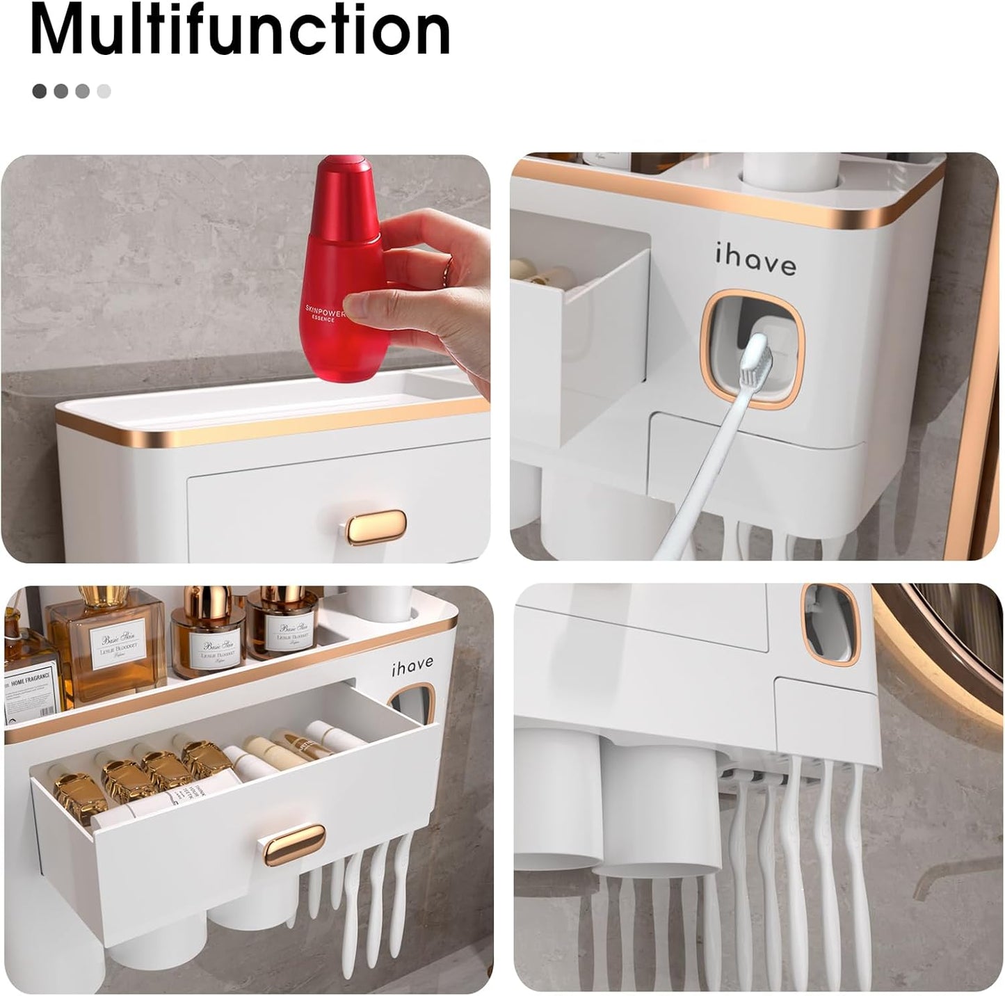 iHave Toothbrush Holders for Bathrooms - Upgrade Wall Mounted Toothbrush Holder with Toothpaste Dispenser - 3 Cups, Large Capacity Tray - Bathroom Accessories & Bathroom Storage