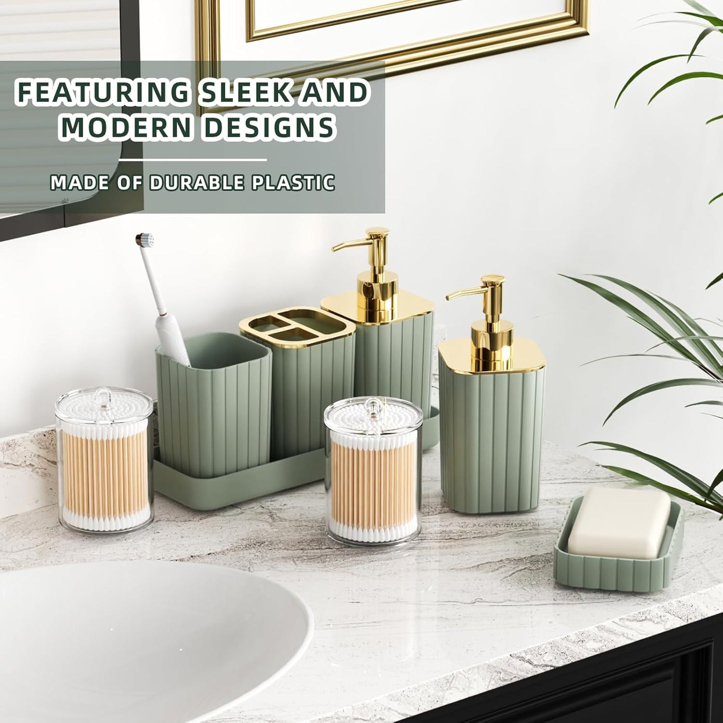 Bathroom Accessories Set - 25PC Sage Green Bathroom Set, Bathroom Set with Shower Curtain and Rugs, Sage Green Shower Curtain Set, Bathroom Accessory Set, Trash Can & Soap Dispenser