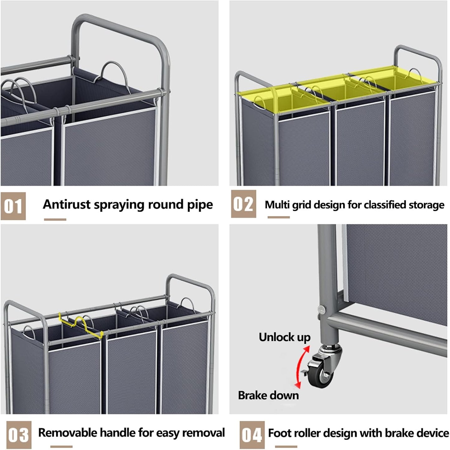 LINZINAR 3-Bag Laundry Sorter,Laundry Hamper Cart with Heavy Duty Rolling Lockable Wheels and Removable Bags (Grey)