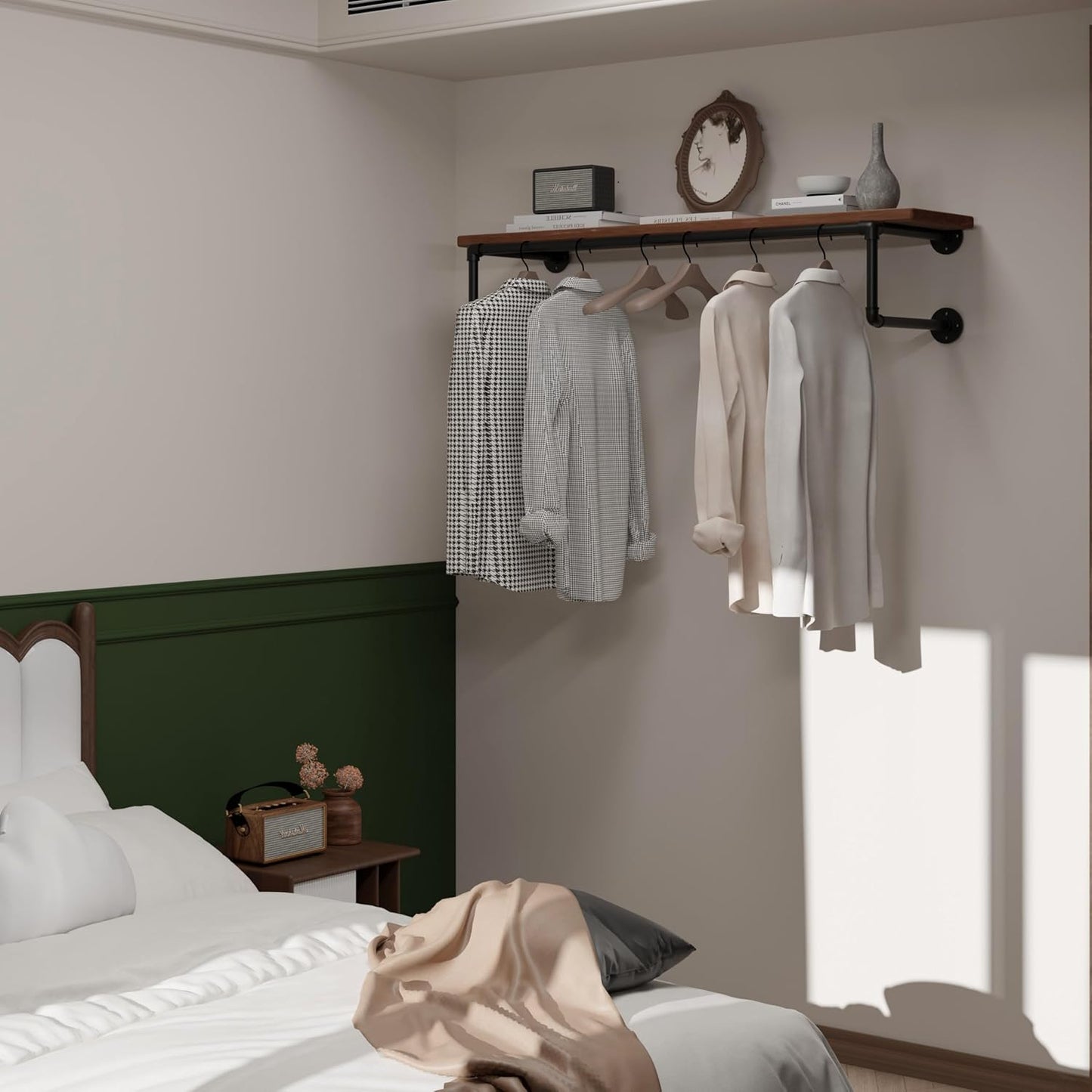 Clothes Rack 42in, Wall Mounted Garment Racks with Real Brown Wood Shelf, Heavy Duty Hanging Clothes Rack, Multi-Purpose Hanging Rod, Space-Saving Closet Storage