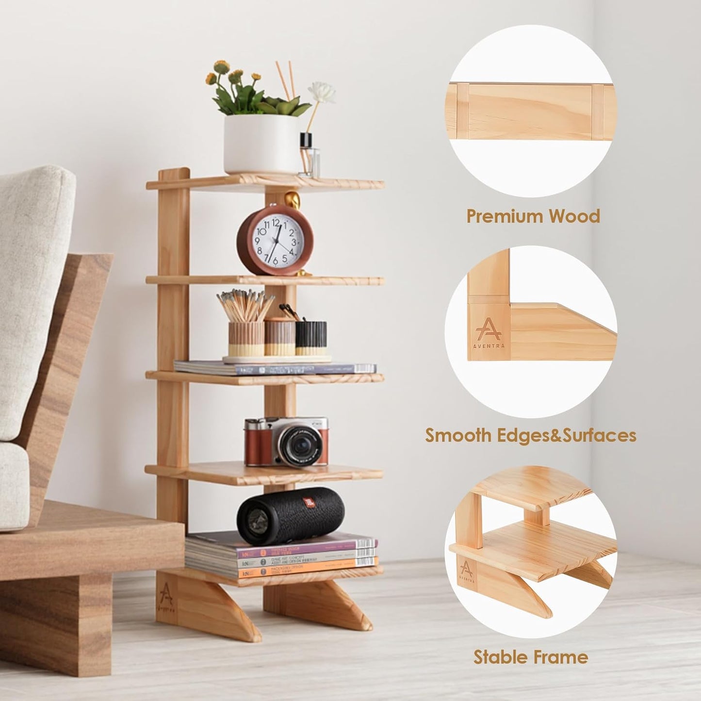 5-Tier Wooden Bookshelf for Small Spaces – Narrow Space-Saving Bookcase & Storage Shelf Organizer for Bedroom, Living Room, or Office – Compact Freestanding Wood Bookshelf