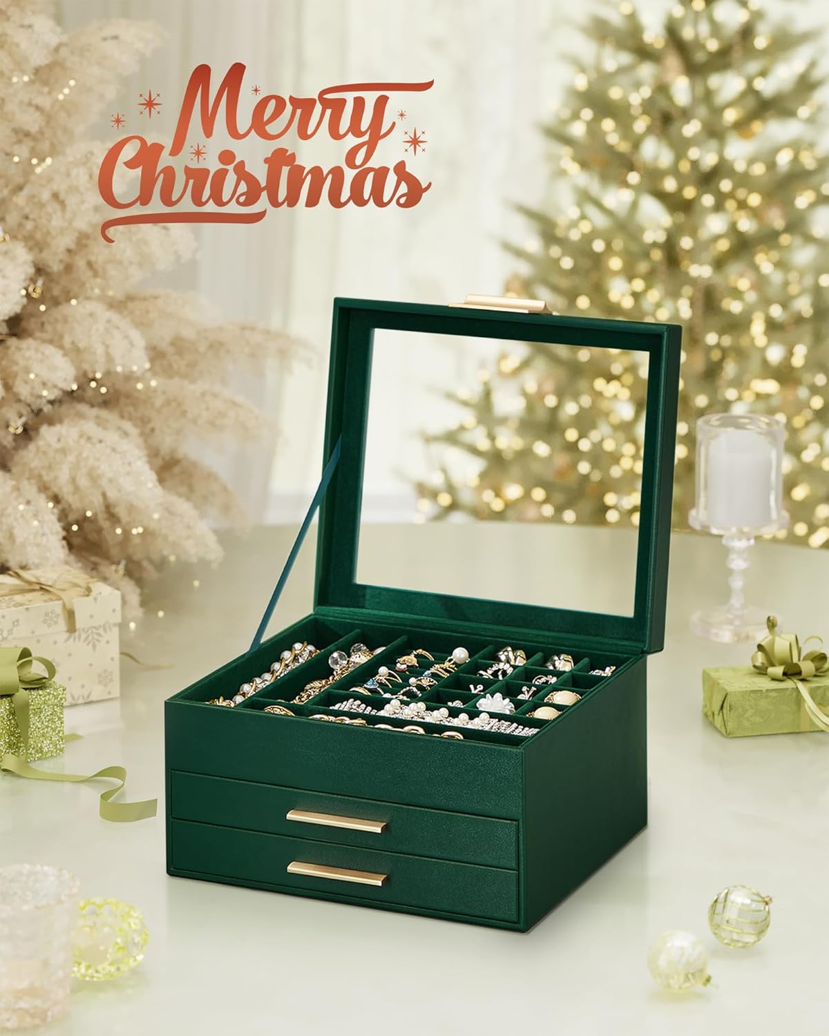 SONGMICS Jewelry Box Organizer with Glass Lid, 3-Layer Jewelry Storage, with 2 Drawers, Modern Style, Christmas Gift, 8 x 9.1 x 5.3 Inches, Forest Green and Gold Color UJBC239C01