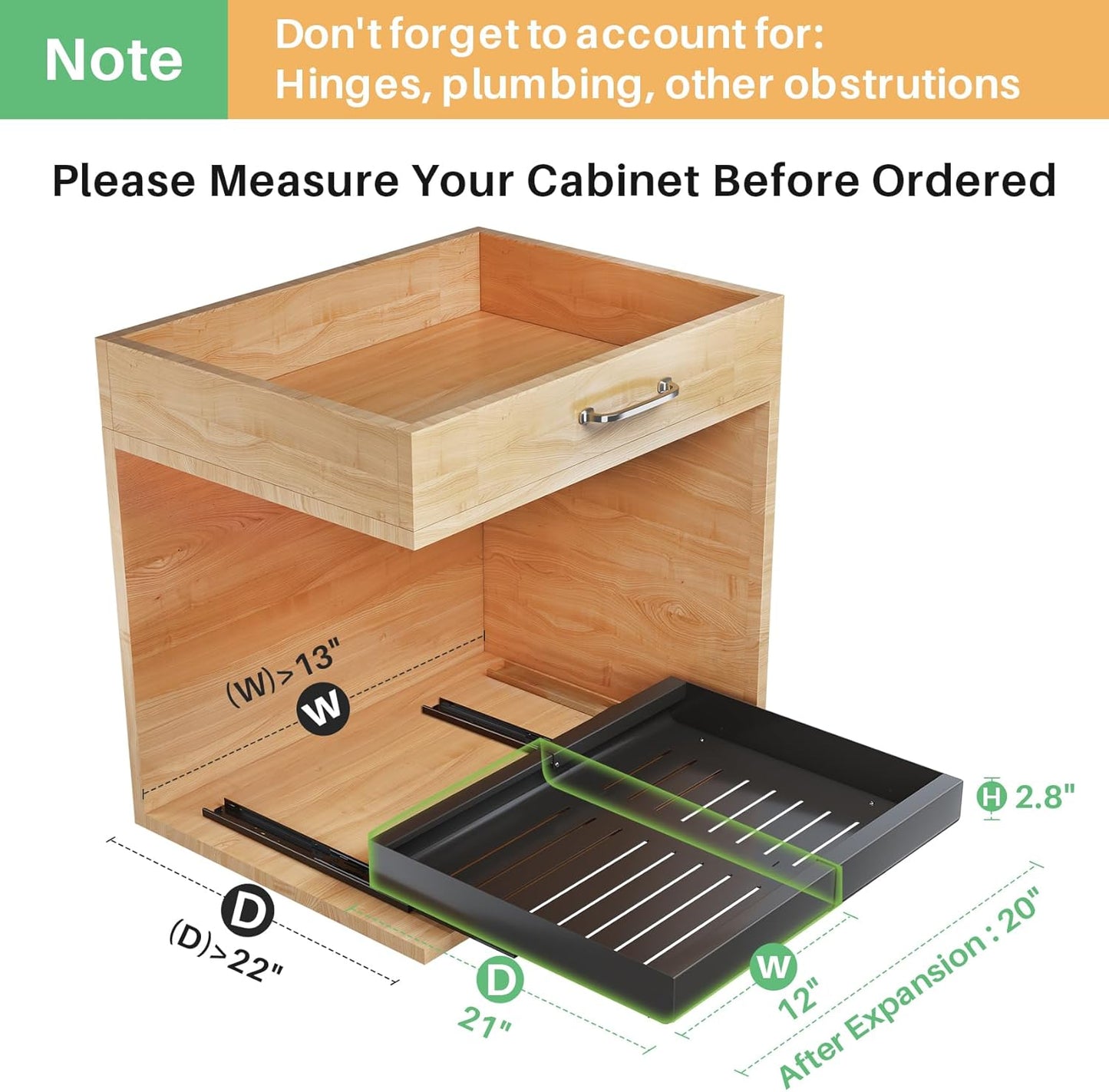 Pull out Cabinet Organizer, Expandable(12"-20") Heavy Duty Slide out Drawer Fixed with Adhesive Nano Film for Pots, Roll out Shelf Storage for Kitchen Base Cabinet Organization, Pantry, Bathroom
