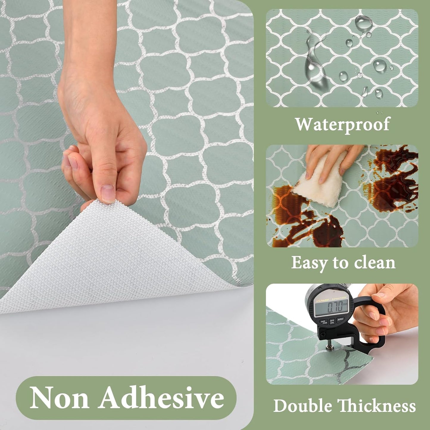 Shelf Liners for Kitchen Cabinets Non Adhesive Drawer Liner 12in x 30FT Light Green Quatrefoil Thickened Shelf Liner Strong Non-Slip Easy to Clean for Tool Box Refrigerator with Knife and Tape Measure