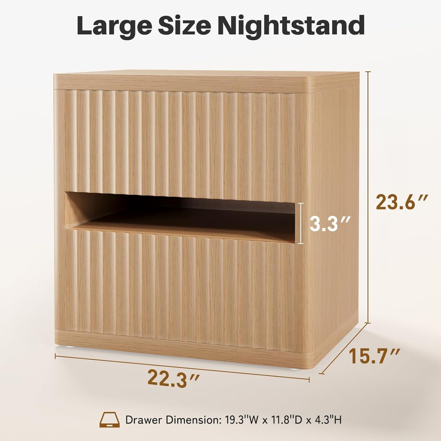 Dripex Fluted Nightstand with 2 Drawers, Large Wide Wood Night Stand Bedside Table for Bedroom, Mid-Century Modern Storage Bed Side Table, End Table for Living Room Sofa Couch, Natural Oak