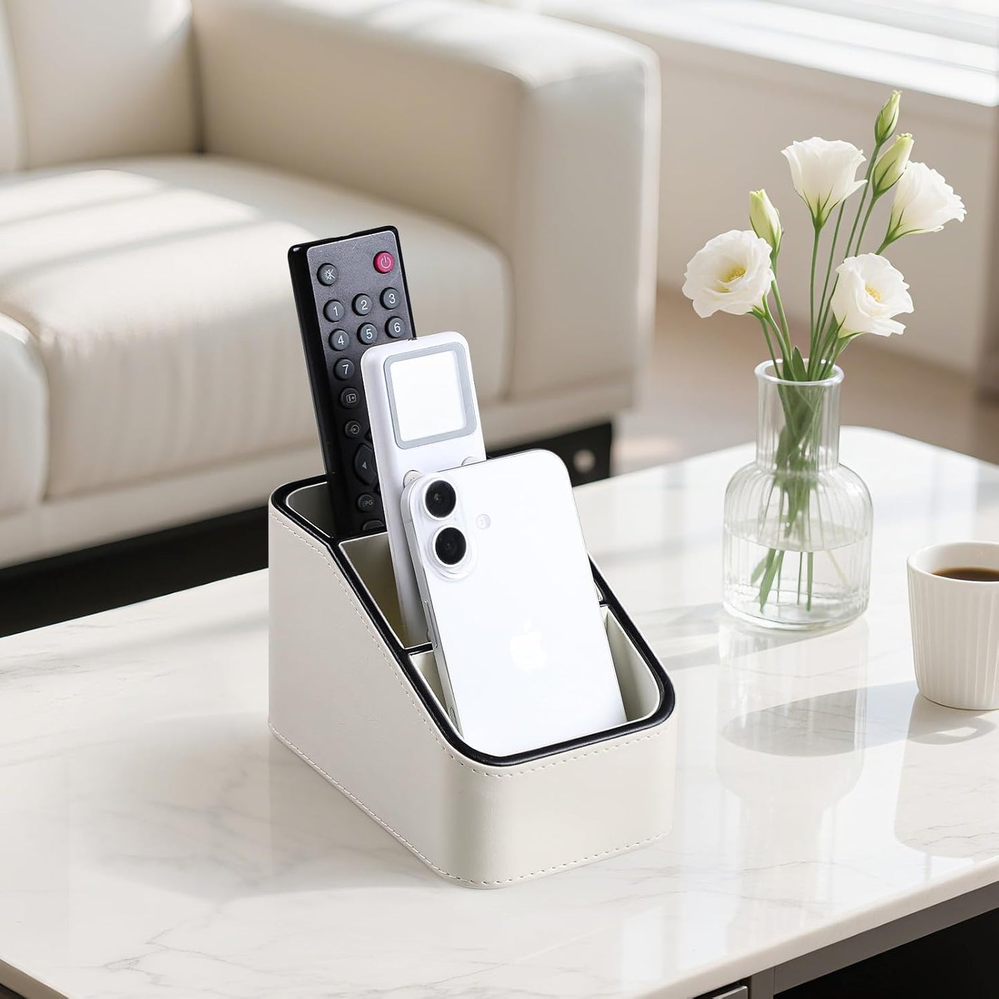 PU Leather Remote Control Holder, Small Desk Organizer Office Supply Bedside Caddy for Nightstand End Table Couch, Pen Remote Organizer with 3 Compartments (Cream)
