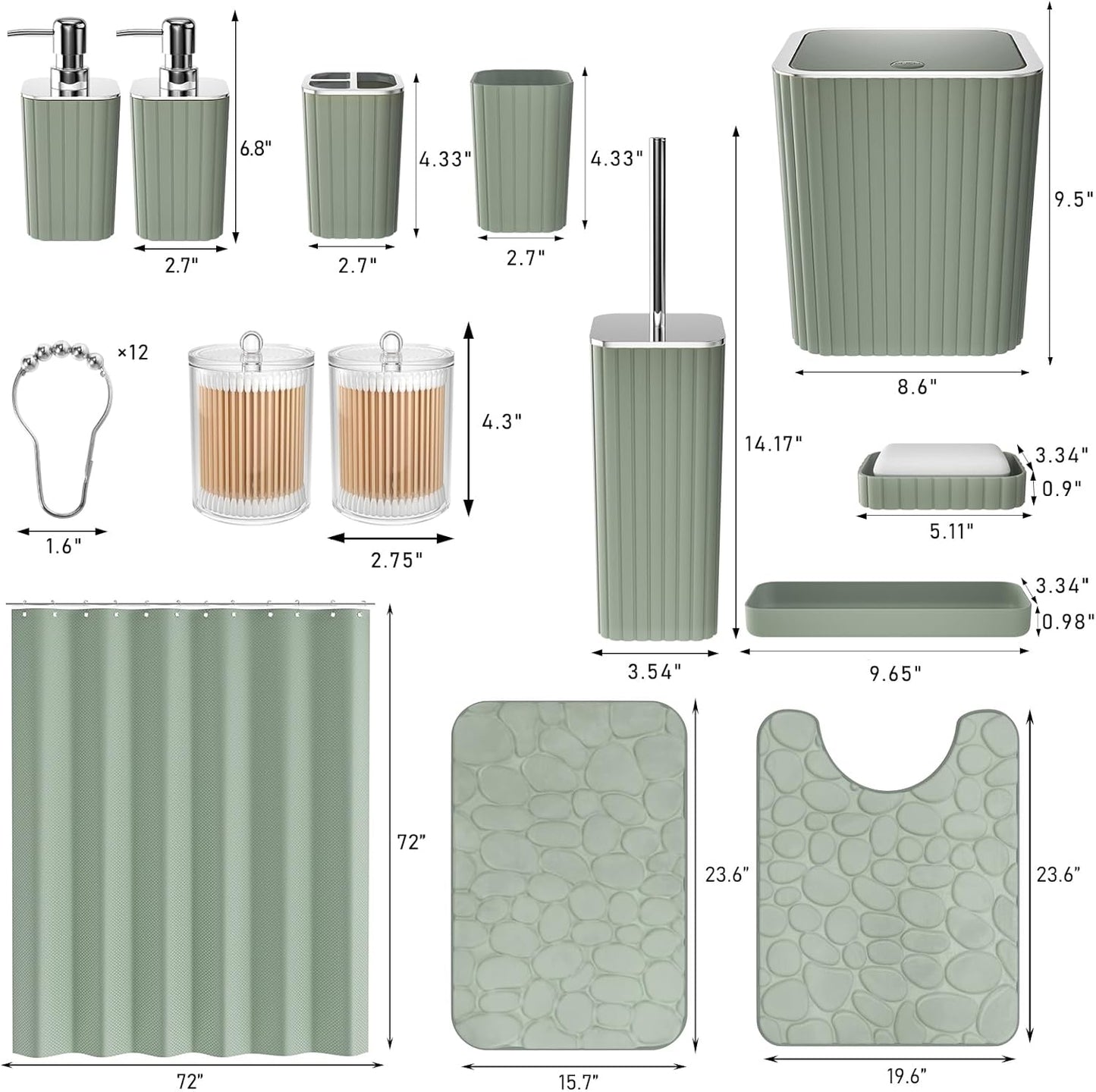 Bathroom Accessories Set - 25PC Sage Bathroom Set, Bathroom Set with Shower Curtain and Rugs, Sage Green Shower Curtain Set, Bathroom Accessory Set, Trash Can & Soap Dispenser