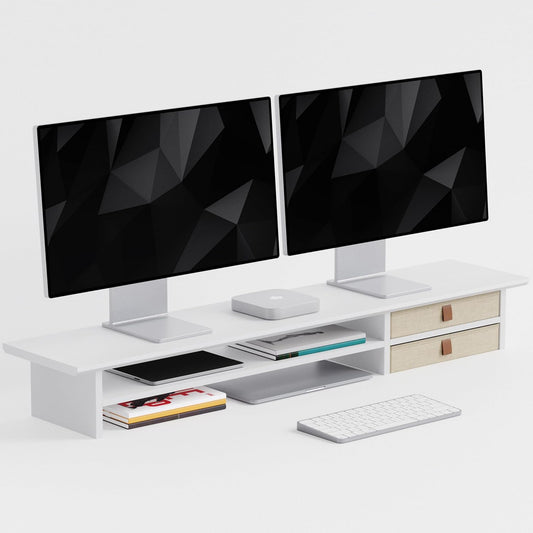 Dual‑Tier Monitor Stand Riser with Drawers, Desktop Organizer Shelf Storage for Computer Screen 2 Monitors, Supports for PC Computer Monitor, Printer, Heavy TV Riser White