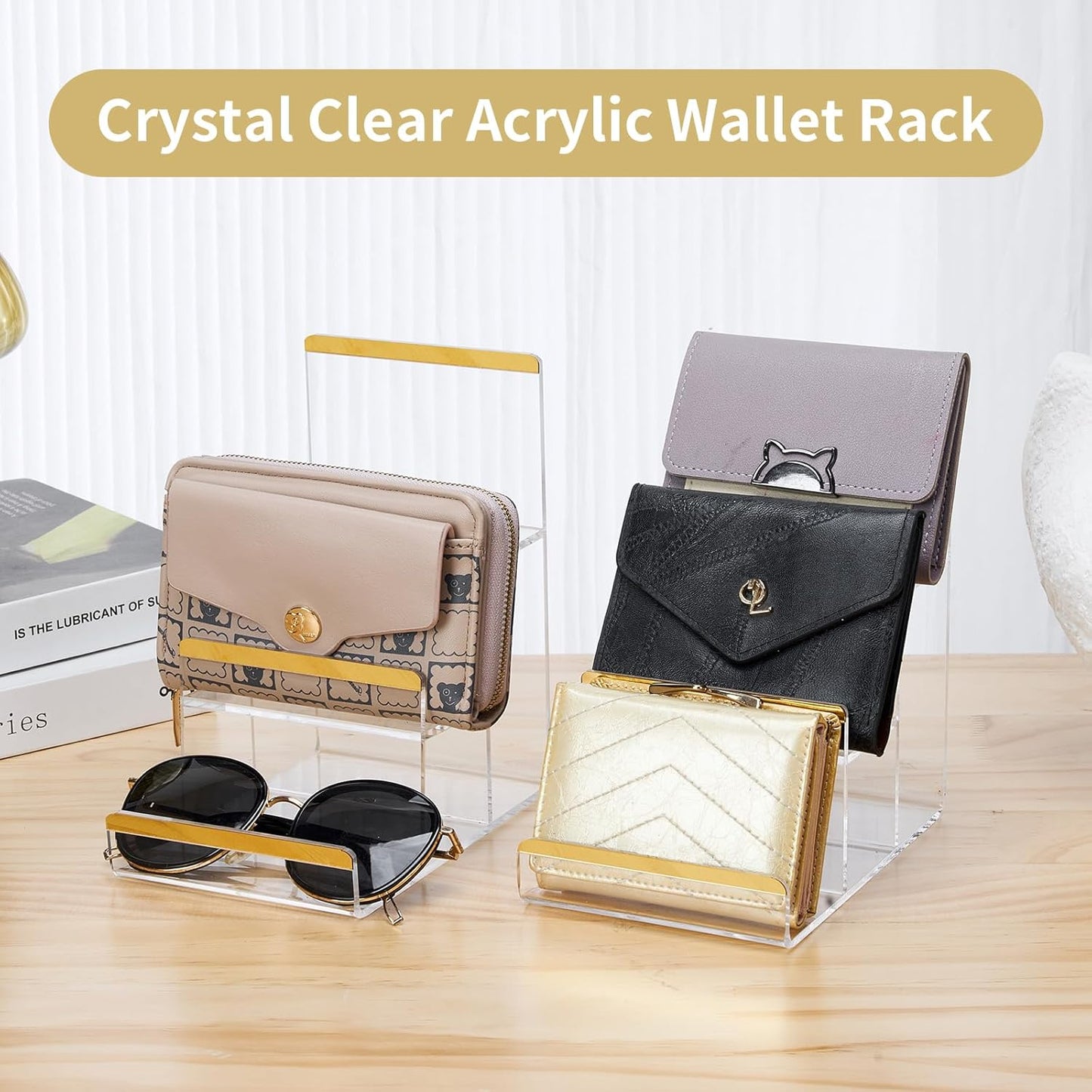 2 Pack 3-Tier Purse Display Stands, Acrylic Wallet Holder Risers Stand, 2-Inch Spacing Clear Clutch Rack Handbag Display Shelf, 4MM Thick Counter Wallet Organizer for Figure Sunglasses Retail Vendor