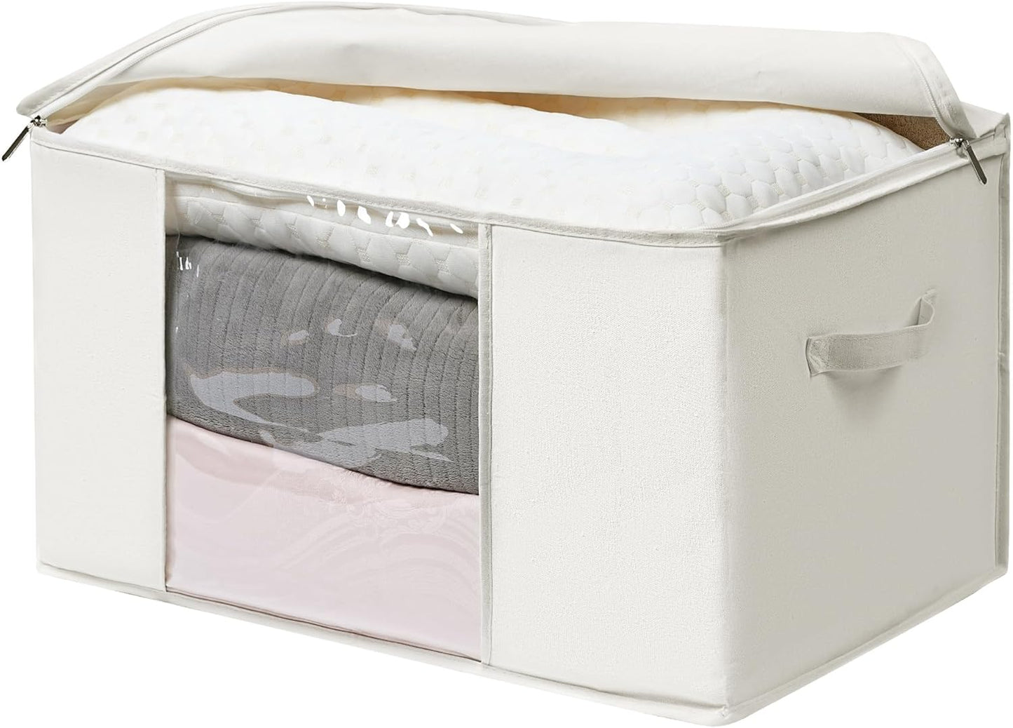 TYEERS Large Storage Bags with Zipper and Clear Window, Cotton Blended Fabric Storage Containers for Seasonal Clothes and Bedding, 23.6x15.7x13.8 Inches, 8-Pack, Beige