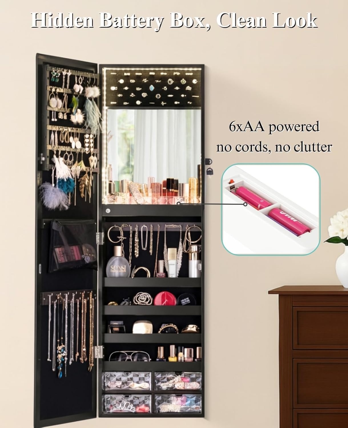 LUXFURNI 79 LED Lights Mirror Jewelry Cabinet, Wall Mounted/Door-Hanging Mirror with Storage, Lockable Jewelry Mirror Organizer, Black