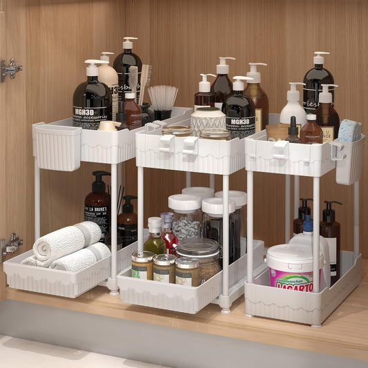 3 Pack Under Sink Organizers, 2-Tier Multi-Use Kitchen and Bathroom Organizers and Storage with Sliding Drawers，Bathroom Cabinet Organizer (White, 12.8 Inch)