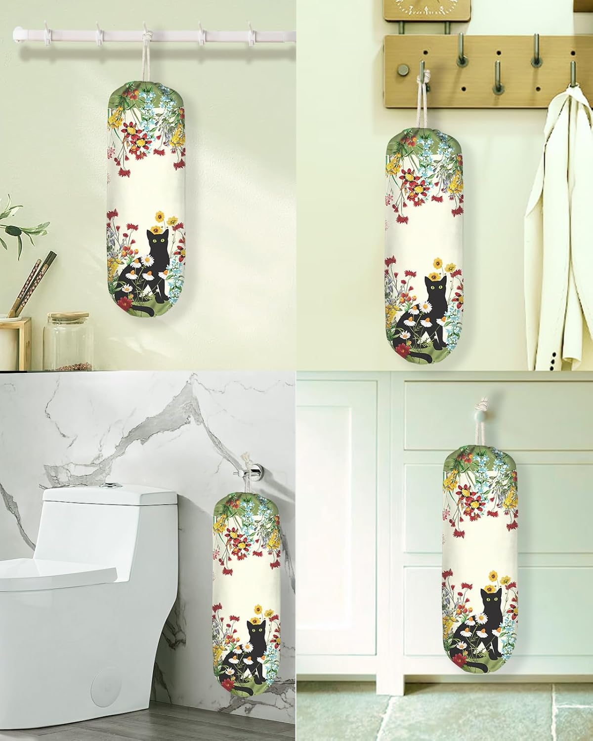 Plastic Bag Holder, Grocery Bag Organizer - 1 Pack Cute Kitchen Dispenser Holders Reusable Shopping Western Hanging Wall with Adjustment Drawstring Closure for Women Home, Black Cat