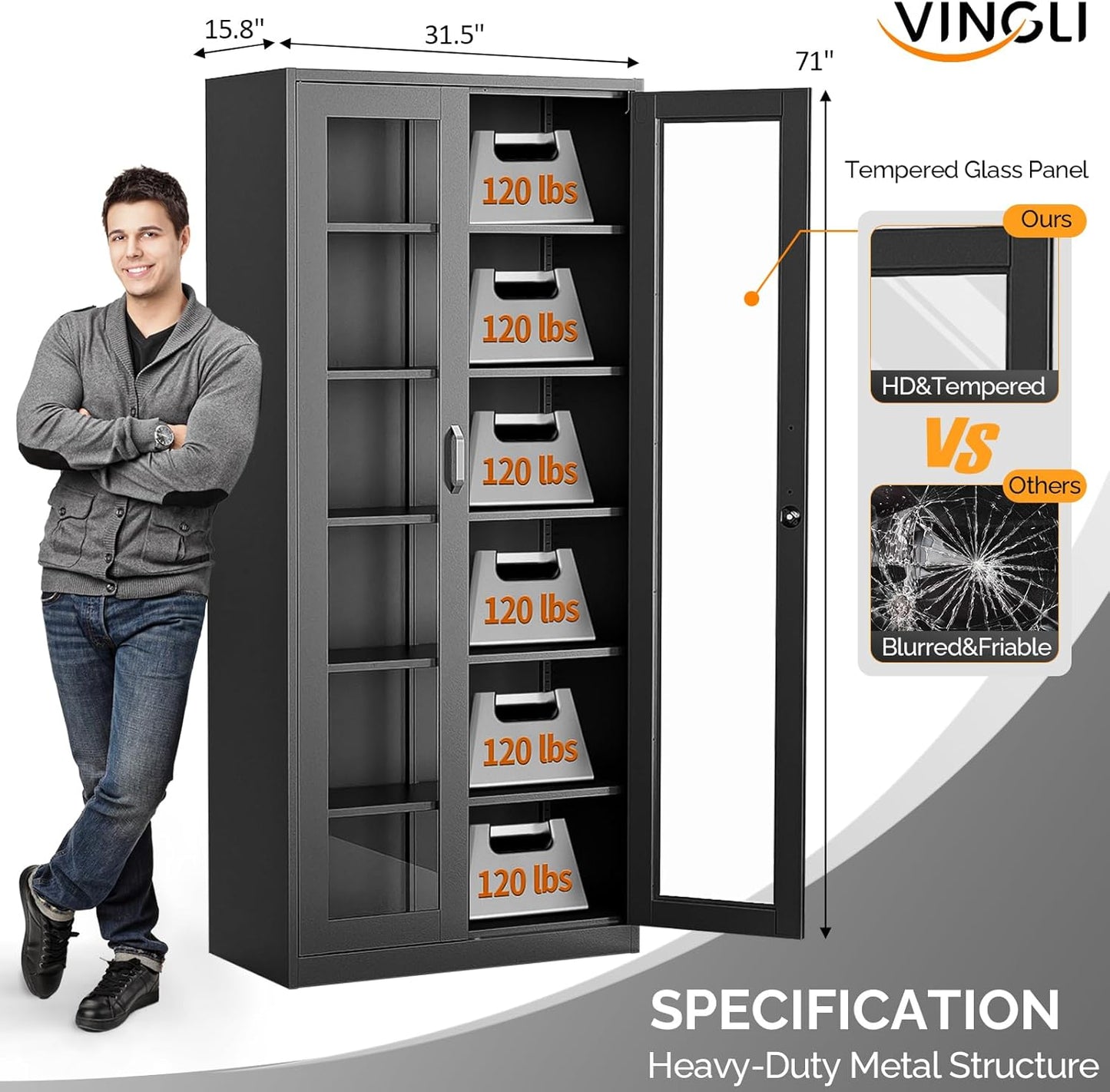 VINGLI Lockable Display Cabinet with Glass Doors & 5 Adjustable Shelves, 71" Tall Black Metal Storage Cabinet Curio Liquor, Bookshelf Bookcase for Home Office Living Room Pantry Garage