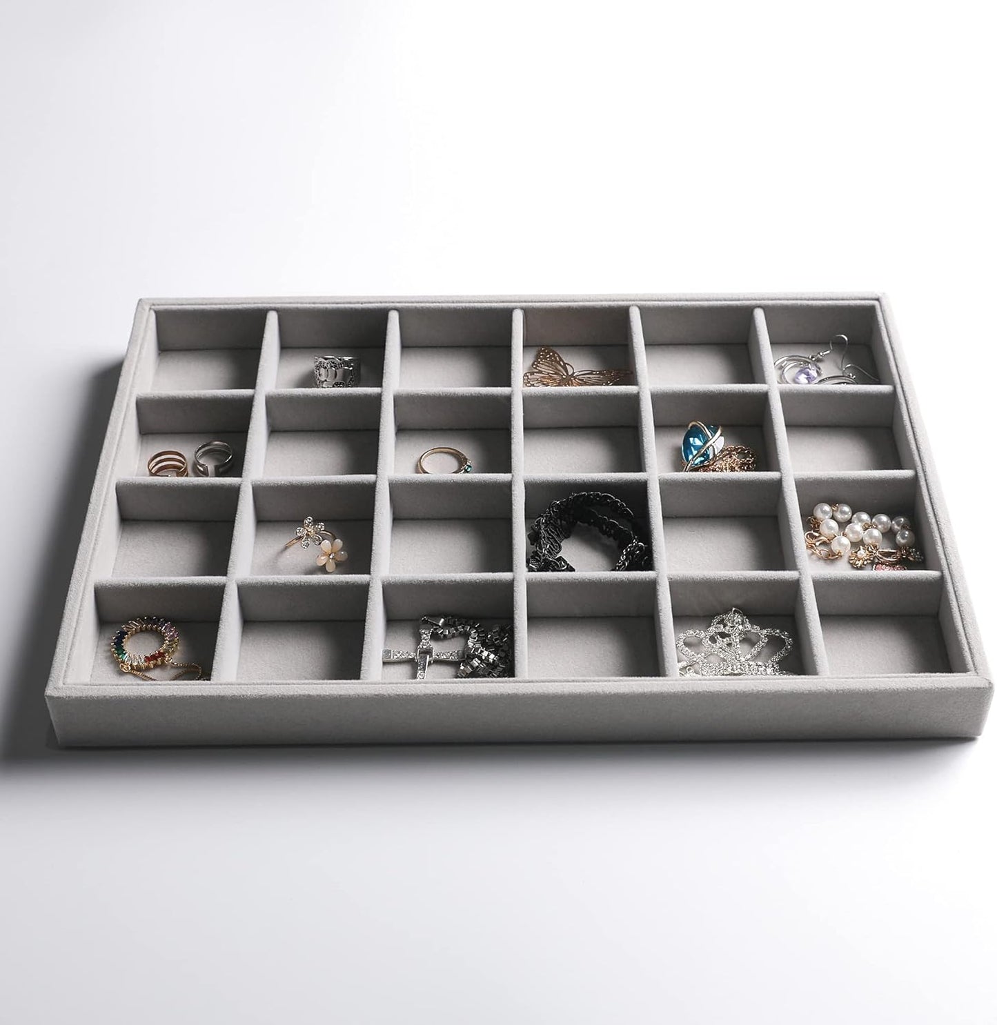 Frebeauty Stackable Velvet Jewelry Organizer Trays for Drawers Inserts Jewelry Storage Tray Display Case, Stud Earrings Bracelets Necklace Rings Trays for Women Girls(Set of 2)(Grey)