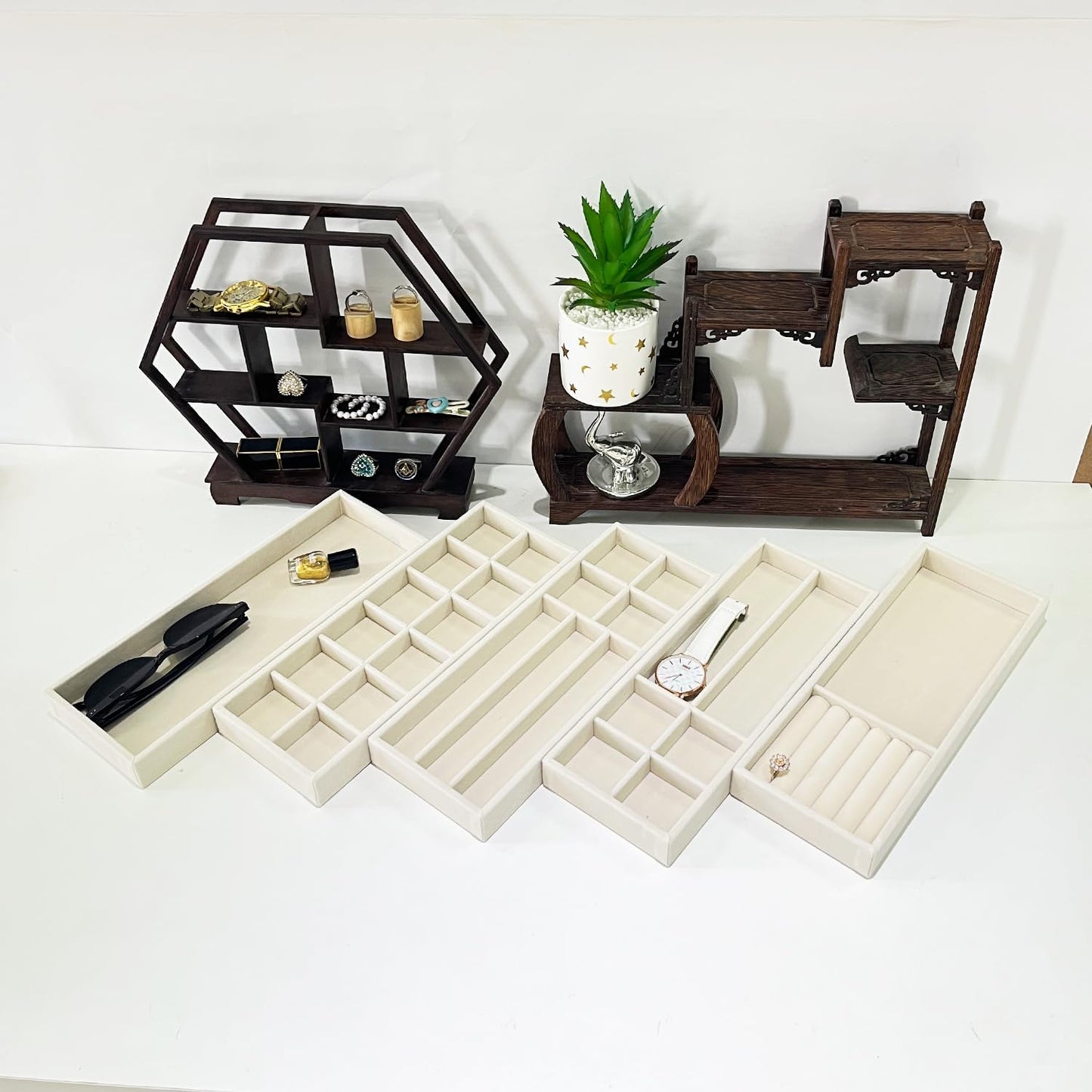 Divided Drawer Organizer Tray, Velvet Jewelry Storage Tray, Necklace Bracelet Ring Earring Display Tray,Bedside Nightstand Desk Holder Tray for Phone Watch Sunglasses Cosmetics Storage/Beige/6grid
