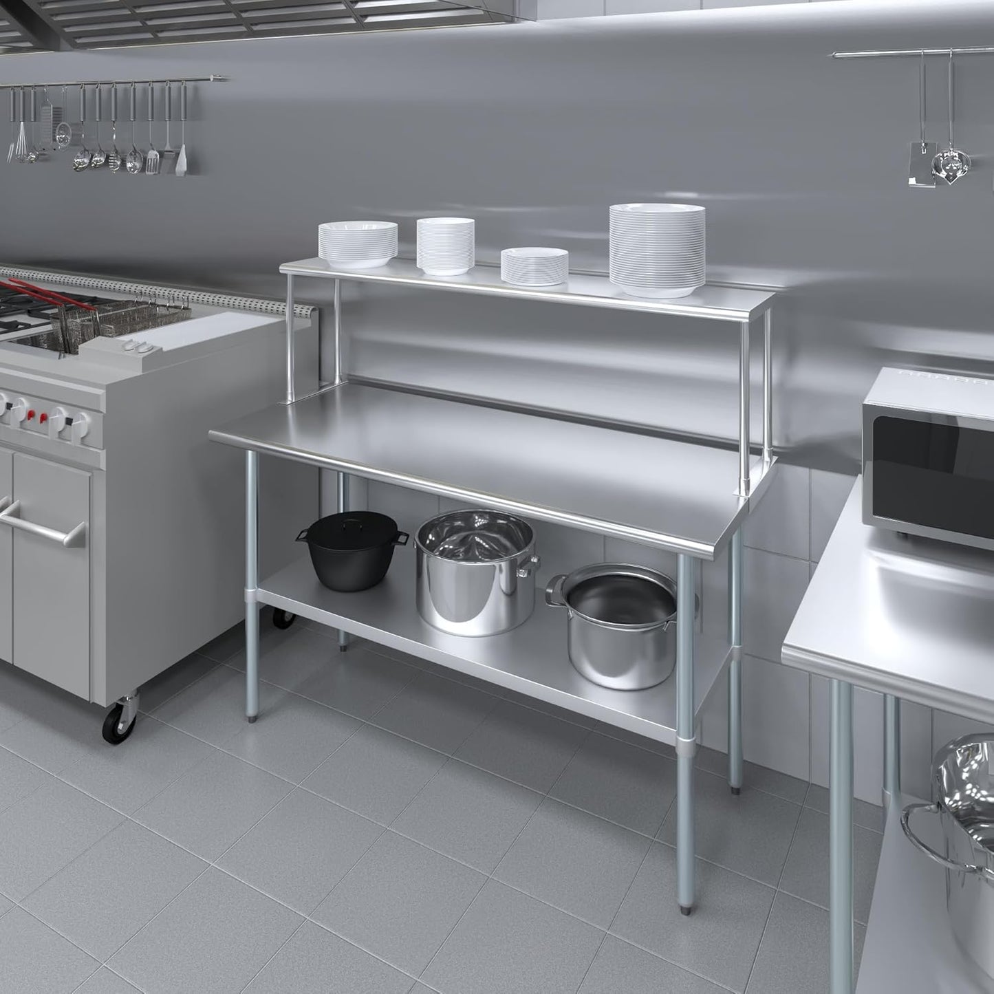 Stainless Steel Work Table with Wide Single Tier Overshelf | Metal Kitchen Prep Table & Shelving Combo (24" x 60" Work Table + 12" Overshelf)