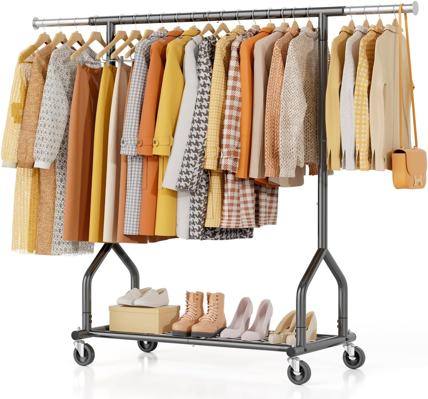 EAGMAK Heavy Duty Clothes Rack Load 424 LBS, Rolling Clothing Rack With Shelves, Adjustable Metal Clothes Hanger with Wheels, Portable Wardrobe Organizer Garment Rod for Hanging Clothes (Black)