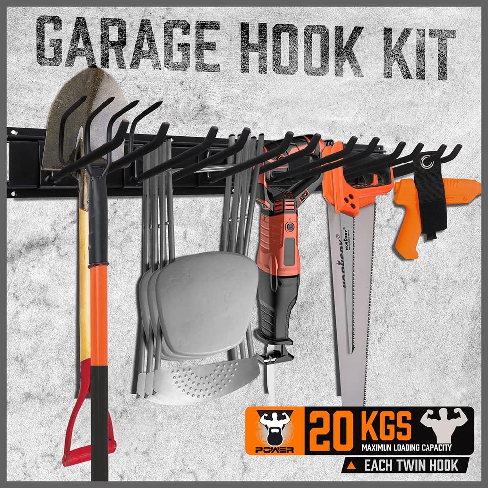 HORUSDY 64-Inch Heavy Duty Garage Organization Rack, 14 Packs Max Load 600LB, 4 Packs Rails and 9 Adjustable Hooks, Tool Organizer Rack with Heavy Double Hooks Tracks