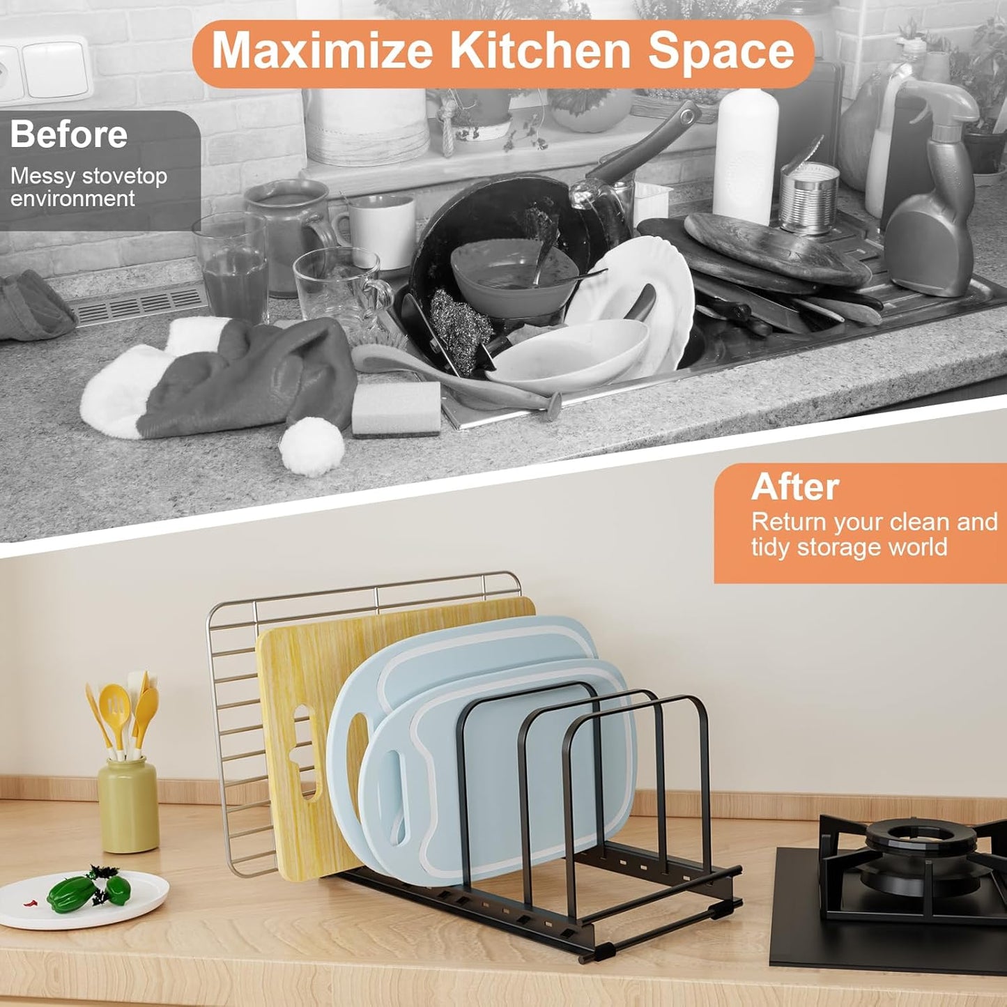Cutting Board Organizer Rack, 2-Pack Adjustable Bakeware Organizer Holder for Cabinet Countertop, 7 Slots Metal Rack Cookie Baking Sheet, Pot Pan Lids Divider Kitchen Organization Storage, Black