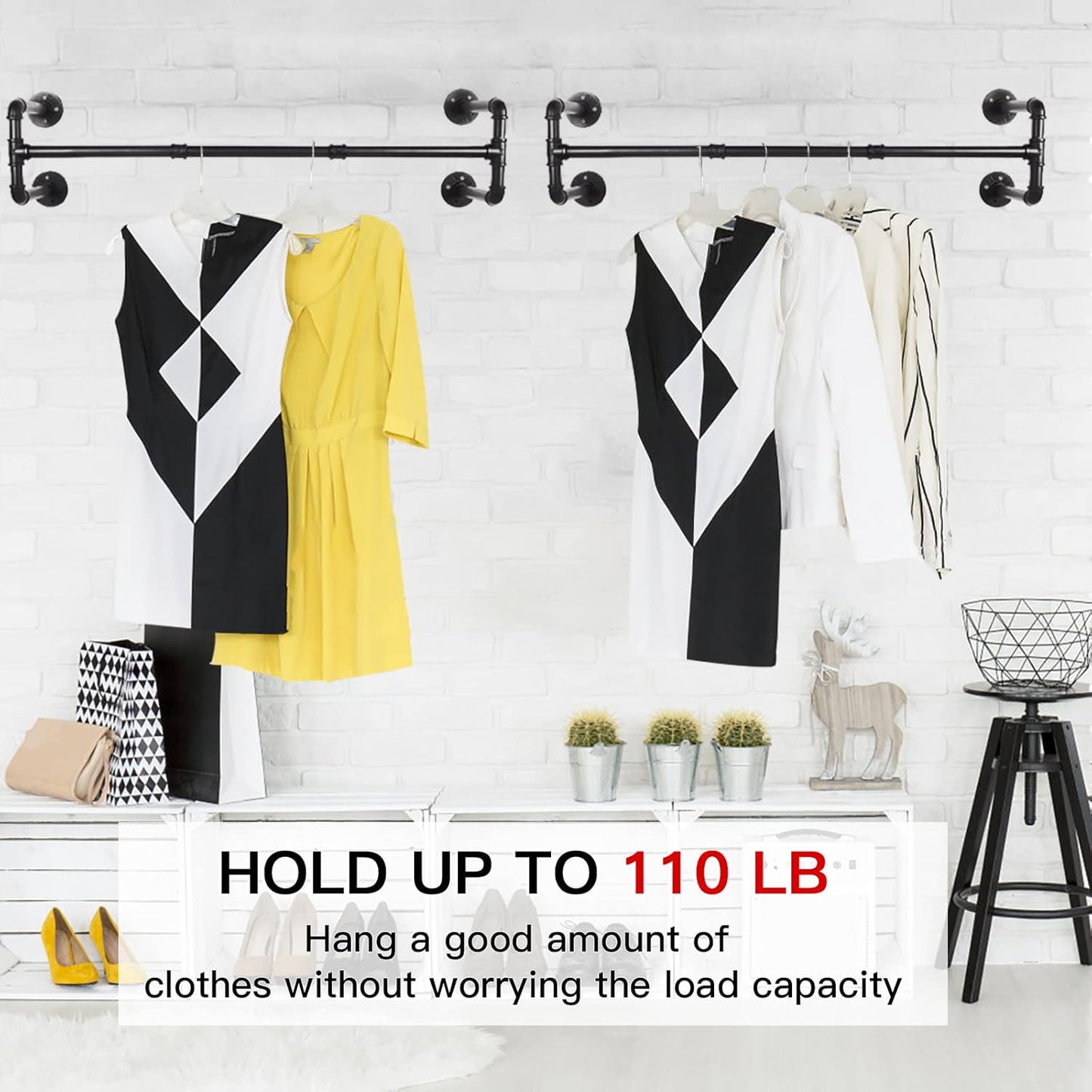 Wall Mounted Clothes Rack - 54" Industrial Pipe Clothing Garment Rack, Space-Saving Heavy Duty Detachable Black Iron Clothes Hanger Pole, Multi-Purpose Hanging Rod for Closet Storage, 4 Base