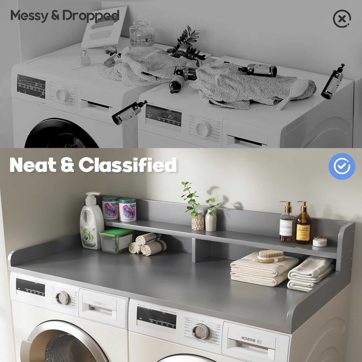 2-Tier Washer and Dryer Countertop with 2.75" H Guard,58" W x 28" D Laundry Countertop Cover with Non-Slip Pad,Large Space Laundry Topper for Folding Clothes Over Washer and Dryer-Grey
