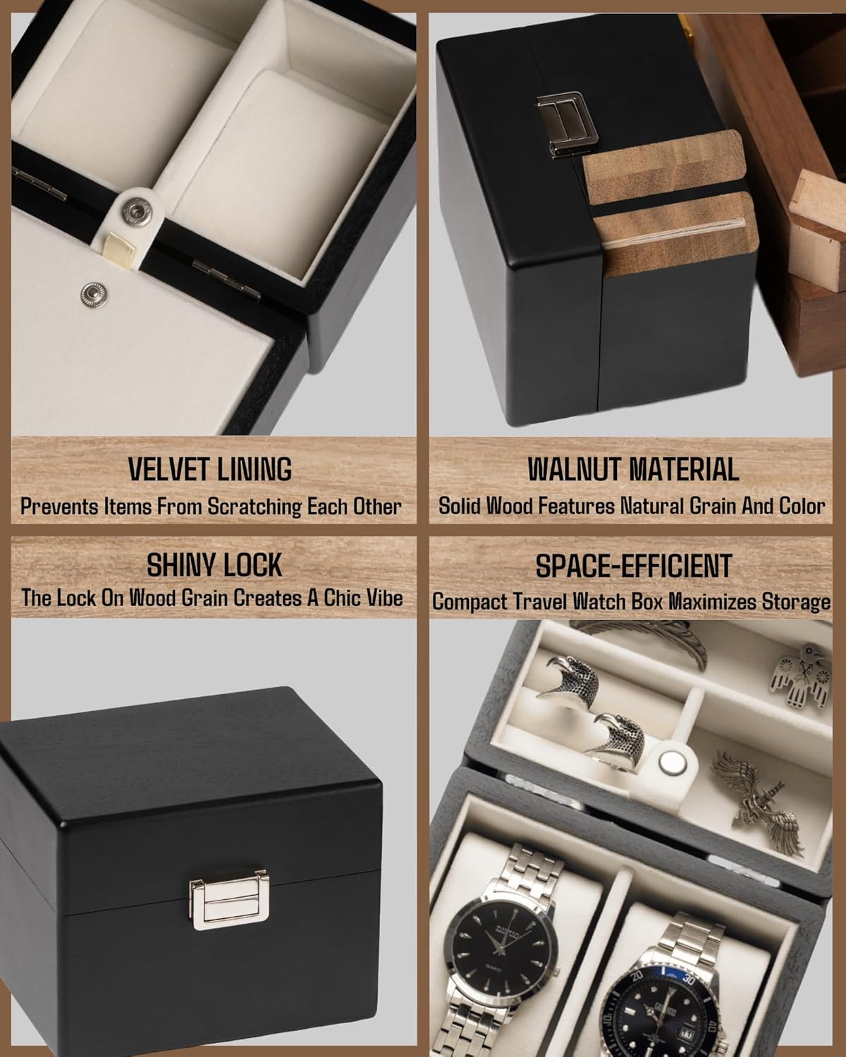 Watch Box, Watch Travel Case for Men, Wood Watch and Jewelry Holder Organizer for Woman, Portable Protection 2-Slot Watch Display Storage Case, Obsidian Black