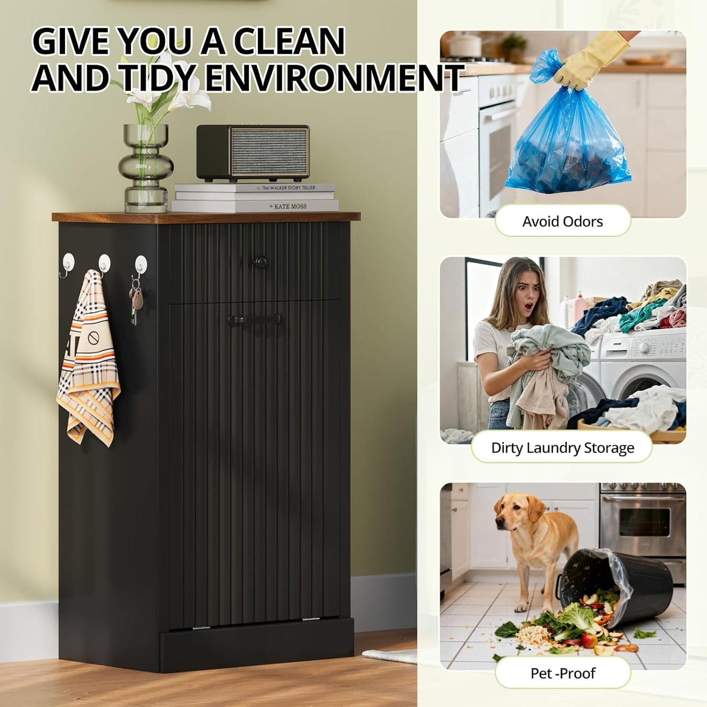 Tilt Out Trash Can Cabinet, 10 Gallon Fluted Laundry Hamper Cabinet with Drawers, Freestanding Wooden Hidden Garbage Can Cabinets for Kitchen, Living Room, Without Trash Bin or Laundry Hamper, Black