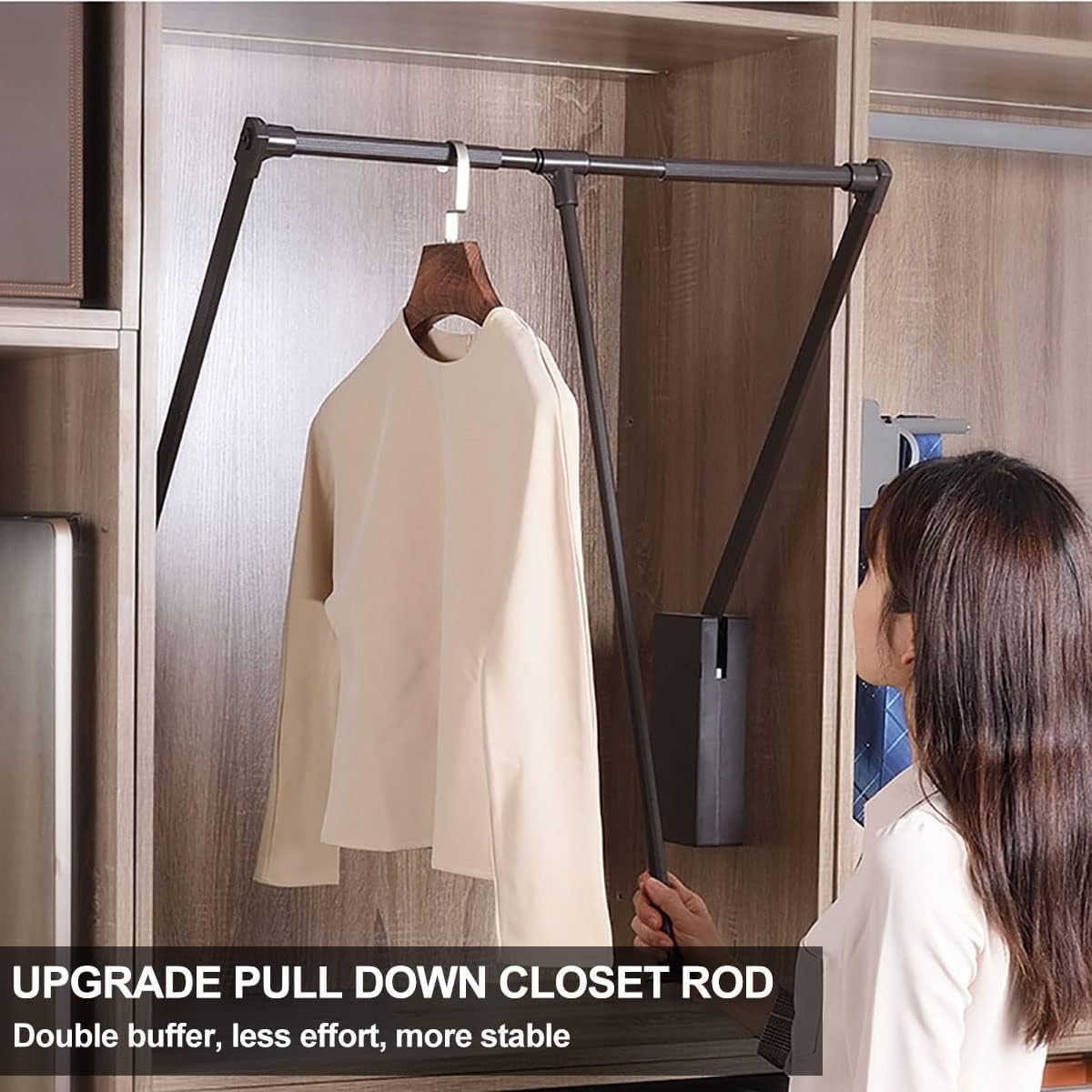 Pull Down Closet Rod for Hanging Clothes, Retractable Wardrobe Hanger for Cabinet Inside Width 21.6"~26", Aluminium alloy Tubing with Plastic Housing, 44 lb Weight Rating