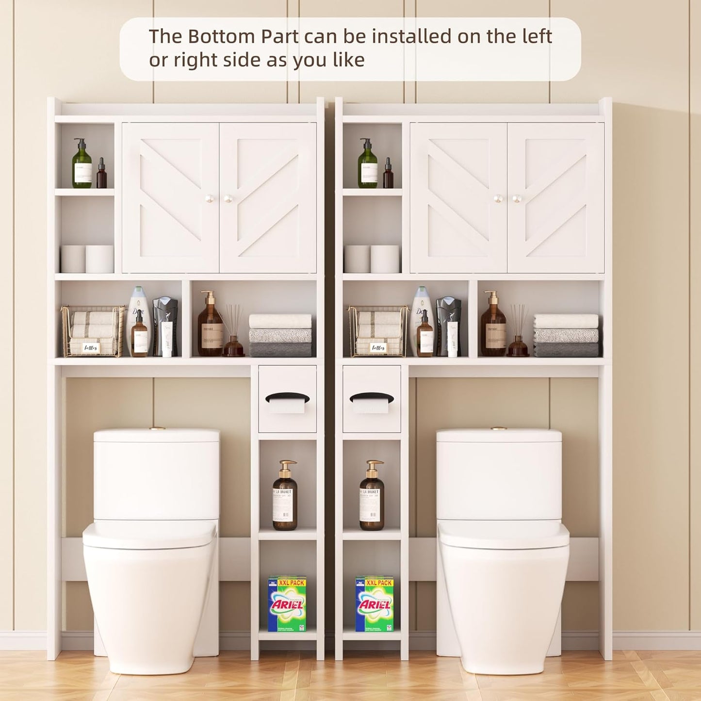Shintenchi Over The Toilet Storage Cabinet, Bathroom Storage Cabient with Barn Doors, Bathroom Storage Shelf Organizer with Toilet Paper Holder, Adjustable Shelf and Anti-Tip Device, White