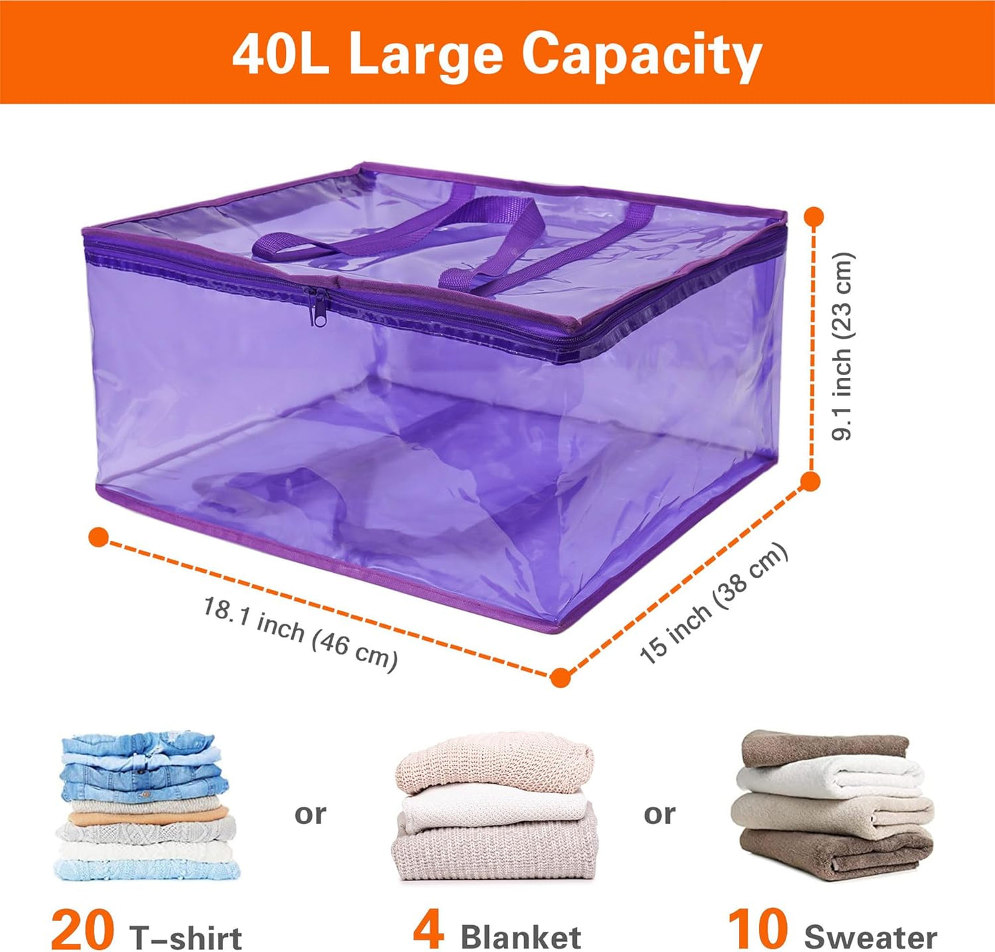 Vieshful Purple 40L Clear Clothes Storage Bag Colorful Clothes Organizer with Zipper Vinyl Storage Bag for Comforter, Blanket, Bedding, Duvet, Transparent Moving Totes 5 Pack