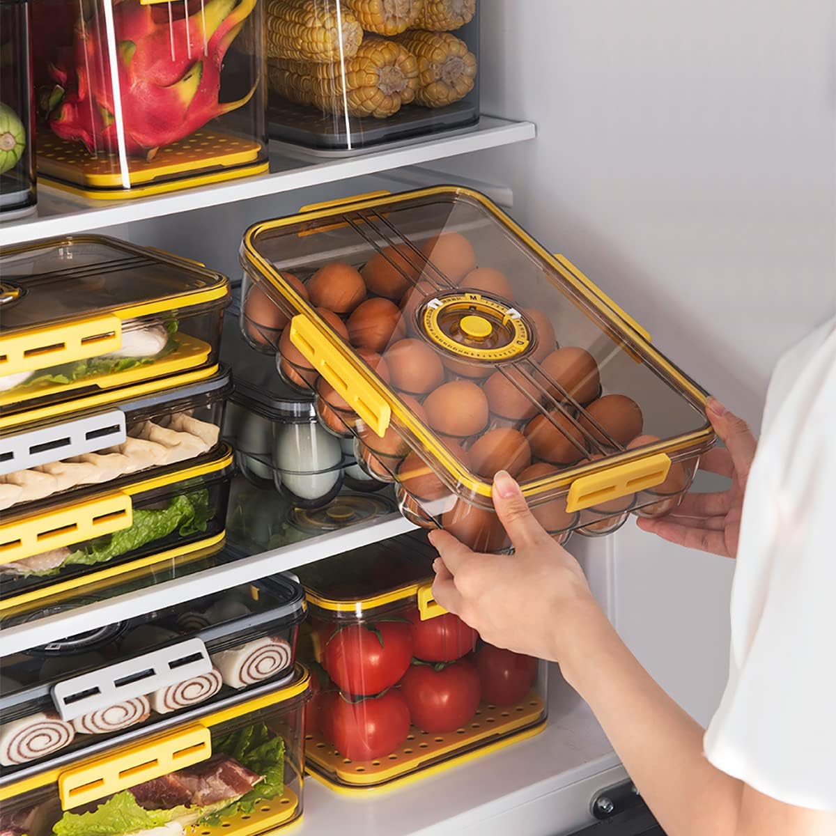 CottonColors Egg Holder for Fridge 18 Egg Container for Refrigerator Plastic Egg Organizer for Refrigerator Stackable Egg Storage With Lids for Timer(2 pack)