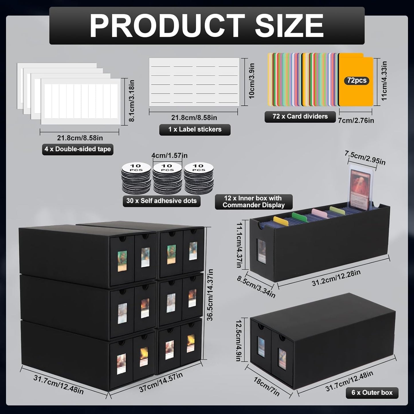 11000+ Card Storage Box, 2000+ Toploader Card Storage Box for Commander Display,with 72 Dividers, Labels & Tapes,Fit for TCG, PTCG, MTG