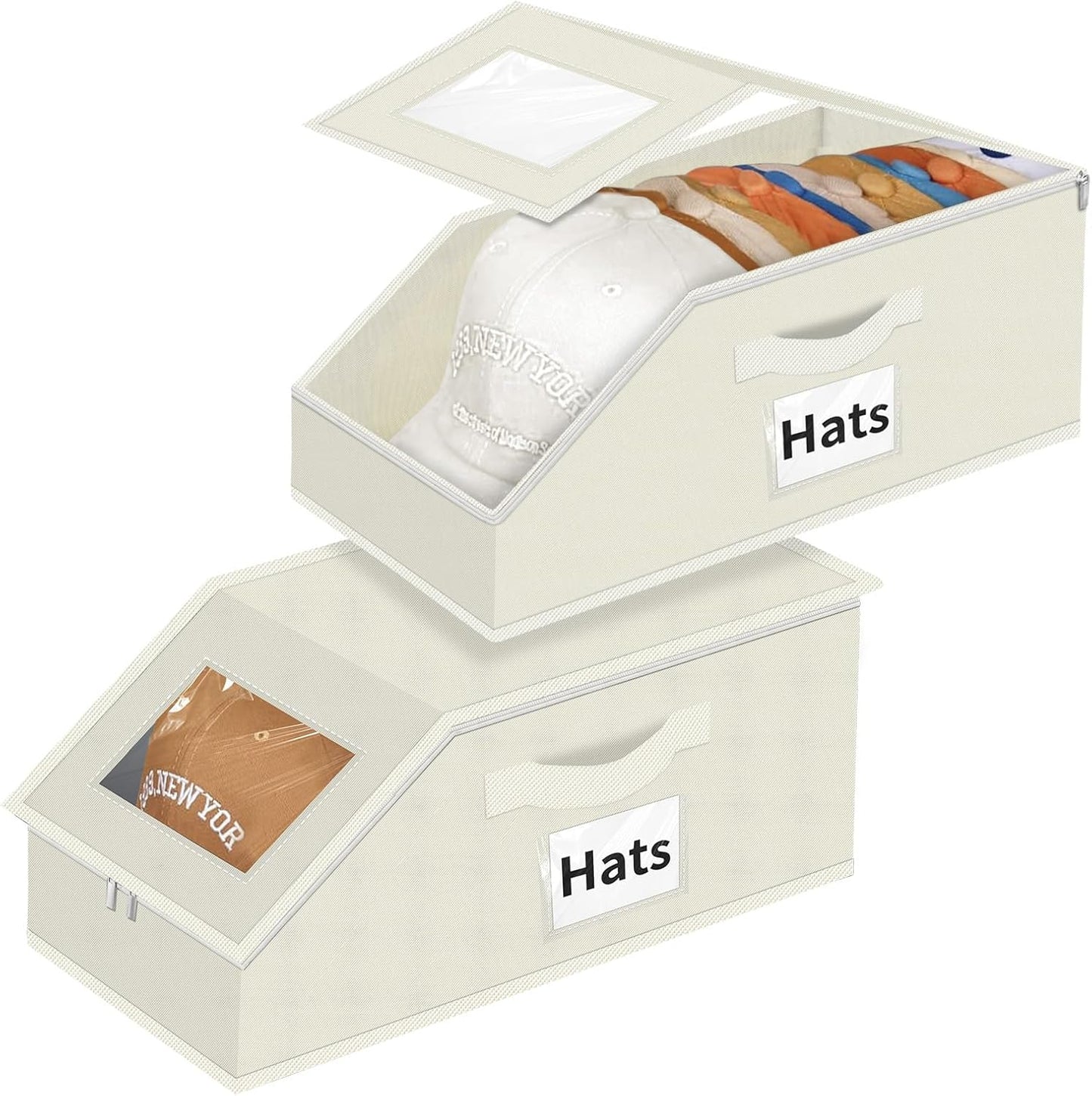 Hat Organizer for Baseball Caps - 2PCS Stackable Storage with Clear Window Lid, Flip-Top Access, Space-Saving Hat Box for Closet, Breathable Fabric (beige)