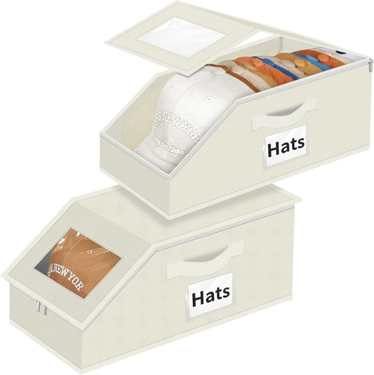 Hat Organizer for Baseball Caps - 2PCS Stackable Storage with Clear Window Lid, Flip-Top Access, Space-Saving Hat Box for Closet, Breathable Fabric (beige)