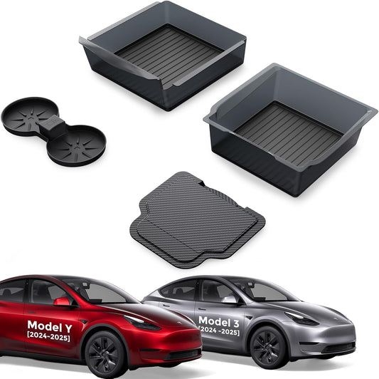 4PCS Upgraded Tesla Model Y Juniper (2025–2026) Accessories & Tesla Model 3 (2025 Highland) Accessories Center Console Organizer, Hidden Storage Box, Cup Holder, and Armrest Drawer Organizer