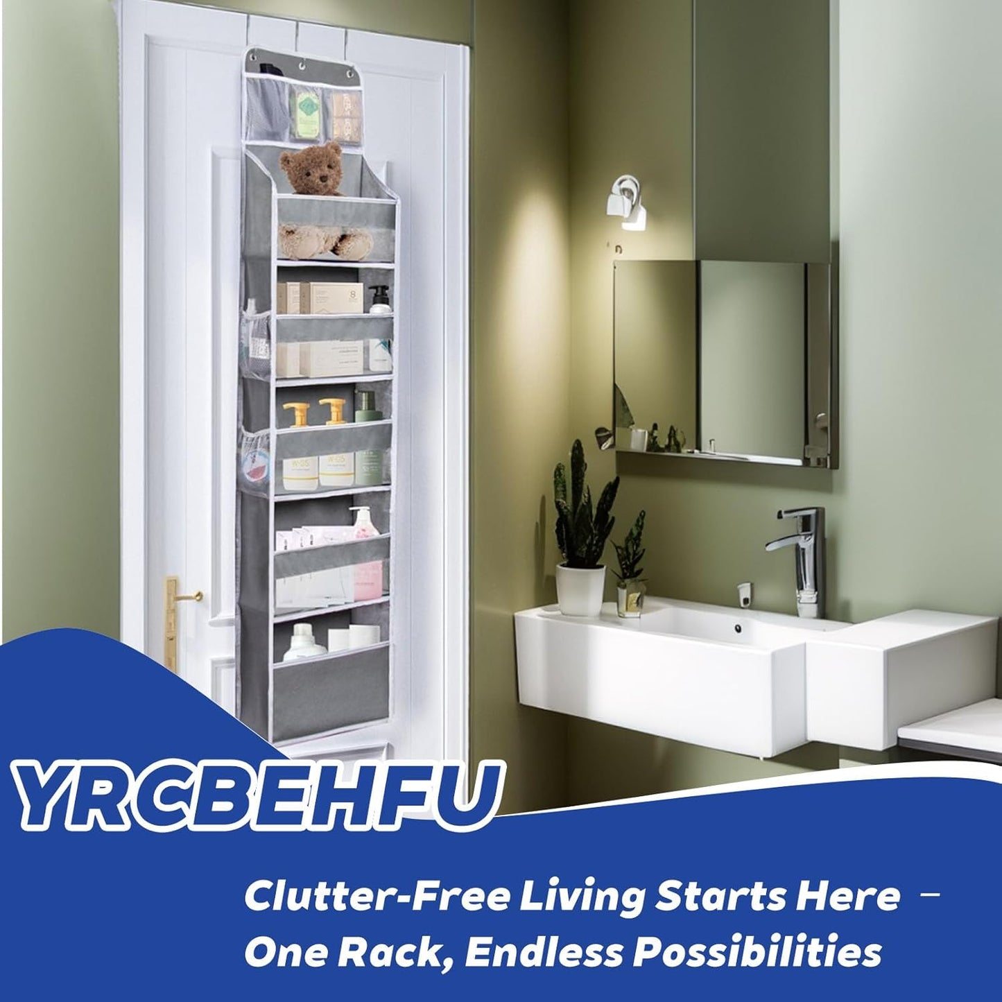 Over The Door Organizer 6 Tier with 12 Pockets & Reinforced Hooks - 59" Hanging Storage Organizer for Bathroom, Nursery, Pantry & Laundry (Light Grey)