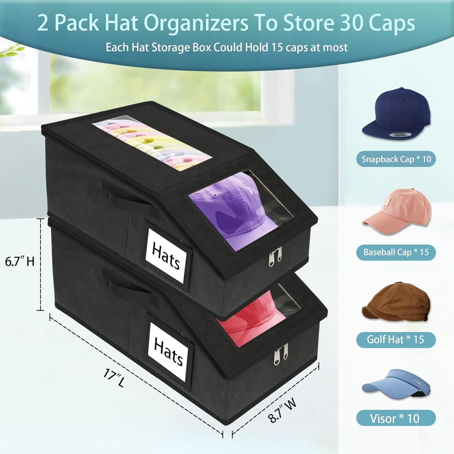 Stackable Hat Storage for Baseball Caps, 2 PCS Hat Storage Boxes for Closet, Holds up to 30 Caps with Cardboard, Hat Organizer for Women & Men(Two Clear Window) (Black)