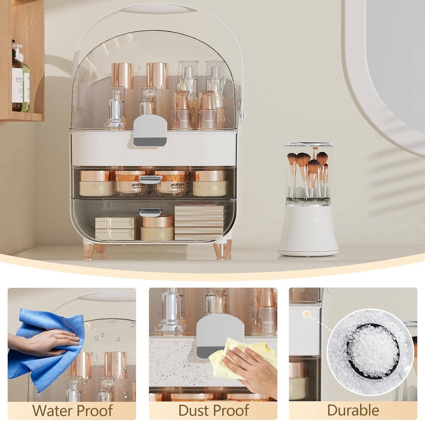 Makeup Organizer Countertop & Makeup Brush Holder with Lid 360 Rotating Clear Dustproof Skincare Holder for Vanity Bathroom Countertop, Ideal Gifts for Women, Transparent, Silver