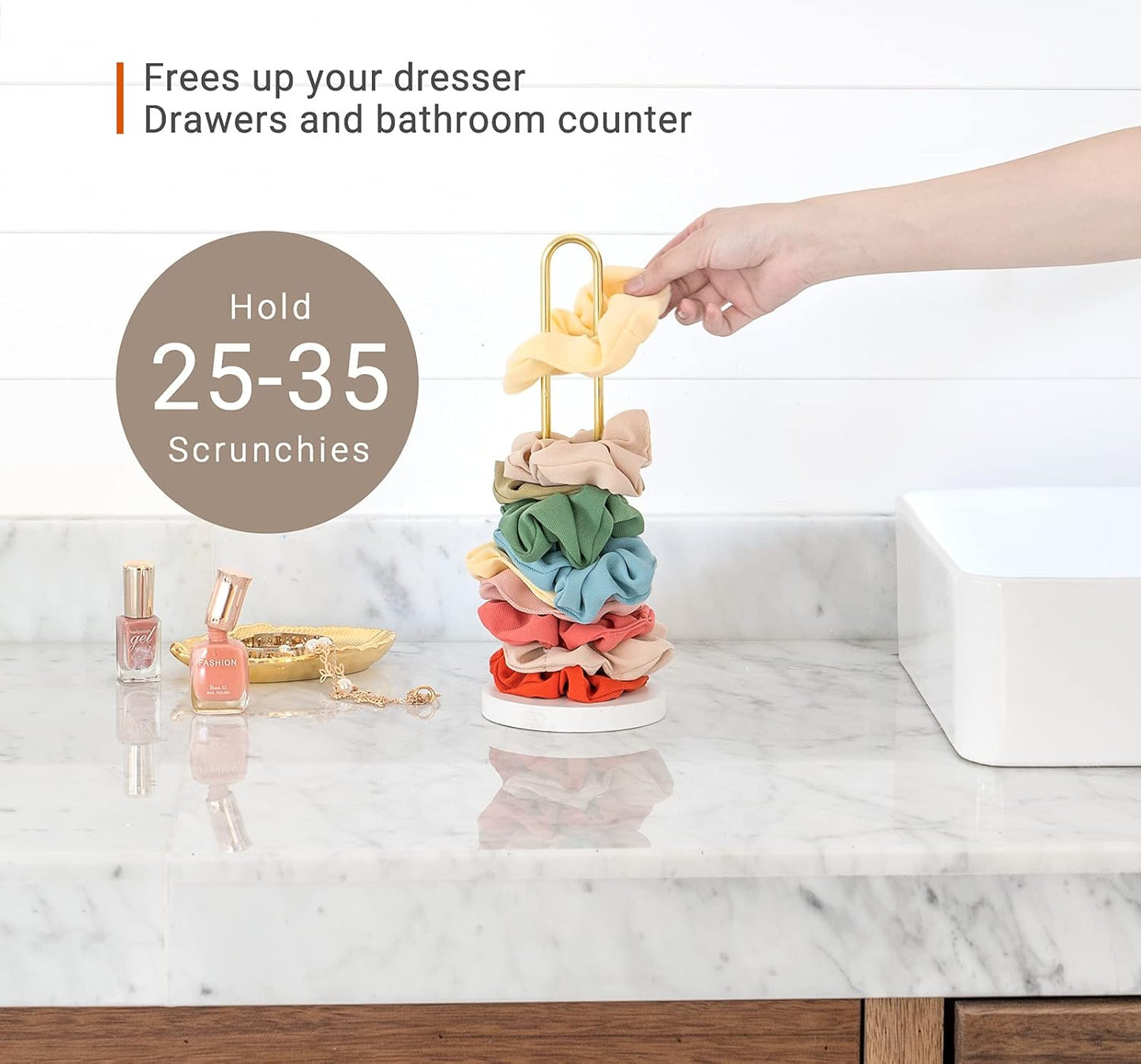 Mkono 2PCS Scrunchies Holder Stand Hair Accessories Organizer Gold White Metal Scrunchies Tower Hold 25-35 Scrunchies Modern Vertical Hair Tie Organizer Jewelry Scrunchy Holder for Girls