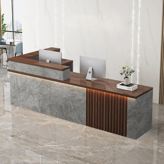 Receptionist Desk with LED Light，Wooden Salon Checkout Counter with Storage Drawer & Keyboard Tray Modern L-Shaped Reception Desk for Barbershop Office Company Store