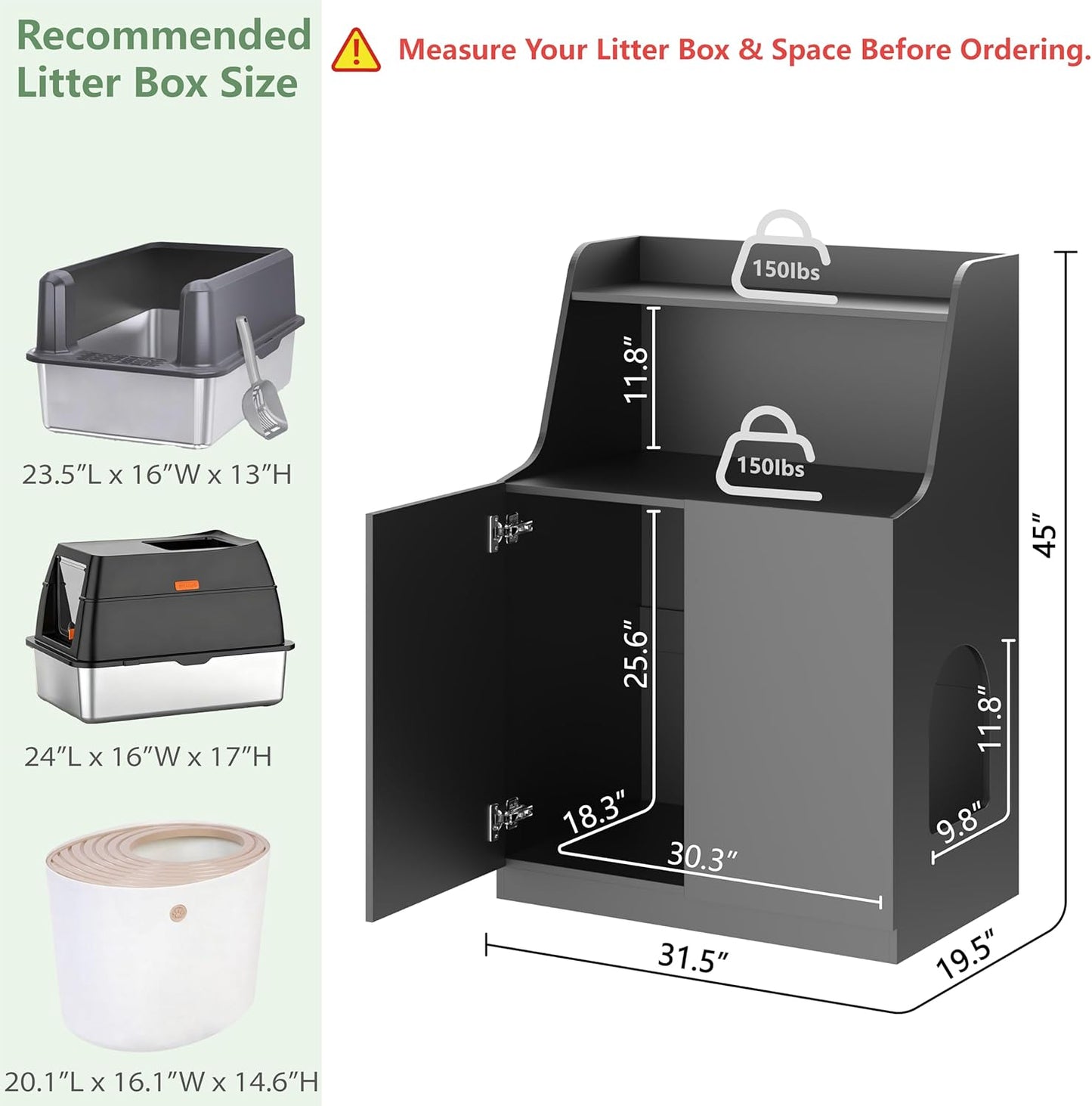 Large/Tall Litter Box Enclosure, Modern Wooden Litter Box Furniture for XL Litterbox with Open Shelf as Sideboard Cabinet (Black)