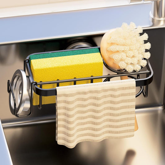 TAILI 4-in-1 Sponge Holder for Kitchen Sink with Strong Suction Cup Removable, Rustproof Aluminum Sink Caddy for Sponge, Brush, Scrubber, Scraper -Black