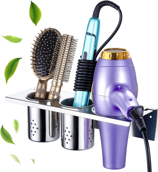 Hair Tool Organizer, Blow Dryer Holder Wall Mounted, Hot Tools Holder Storage for Brush, Hair Dryer, Straighteners, Curling Iron Holder Stainless Steel, Hair Styling Tools Organizer with 2 Cups